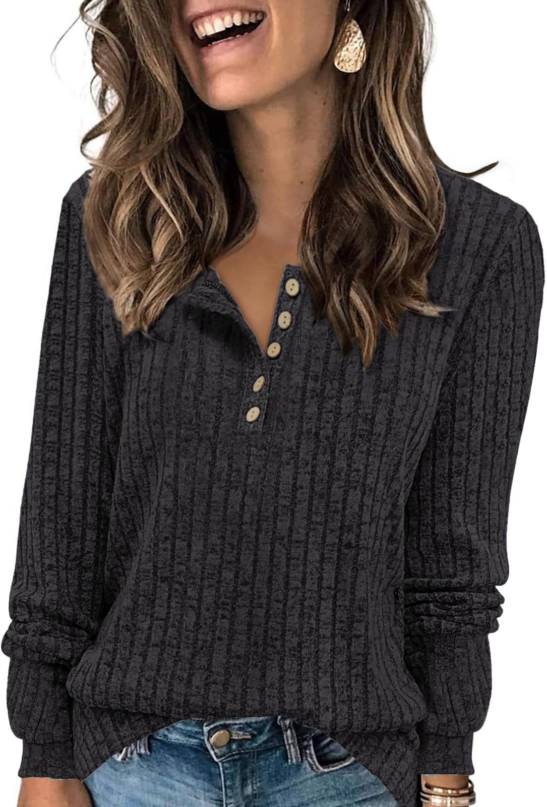 Tanmolo Damen Leichte Strickpullover Langarm Henley Shirt Herbst lässig Rundhals-Knöpfe Elegant Sweatshirt Tunika Tops