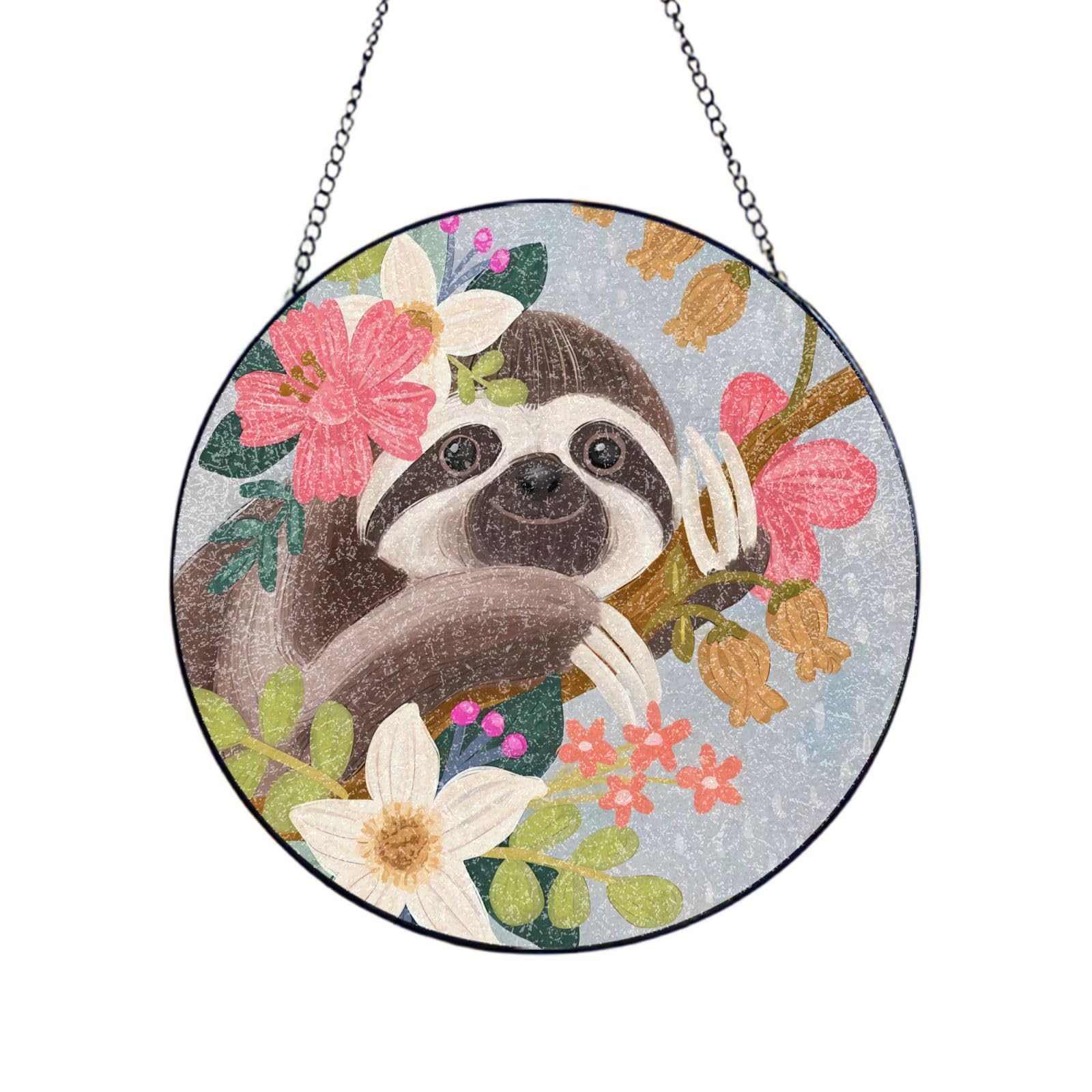 Phayah Sloth With Flowers Print Stained Glass Window Hanging Suncatcher For Door Terrace Garden Home Decor Sun Catcher Birthday Gifts For Lovers Dad Mom 12in（30cm）
