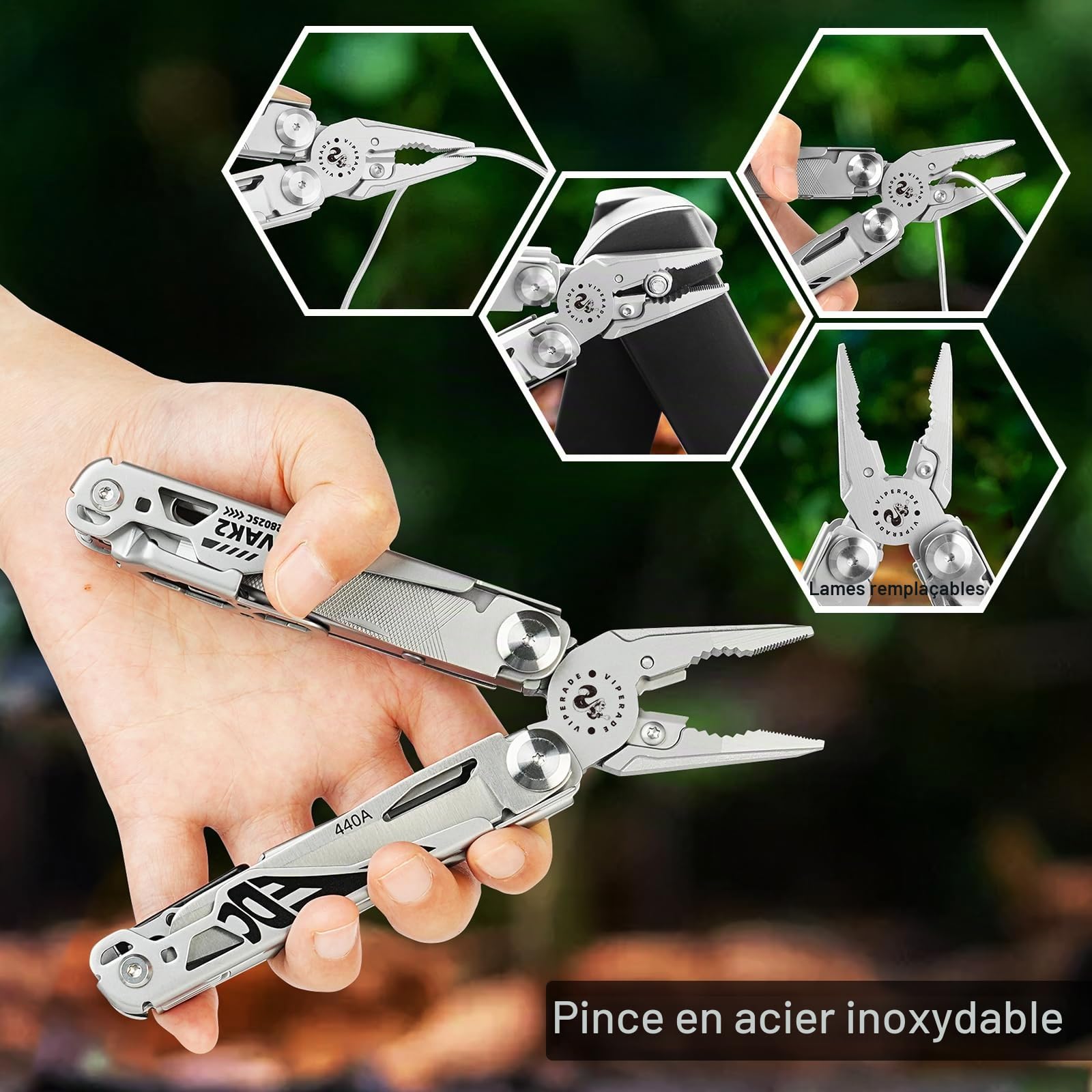 VIPERADE VAK2 EDC Multitool, Pince multifonction 20 en 1 en acier inoxydable, Couteau de poche avec verrouillage automatique, Multitools pliables et robustes avec ciseaux pour randonnée, camping