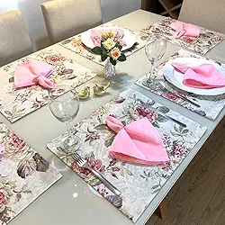 Jogo Americano Tecido 6 Un + 6 Guardanapos + 6 Porta Guardanapos (Florido c/Guard. Rosa)