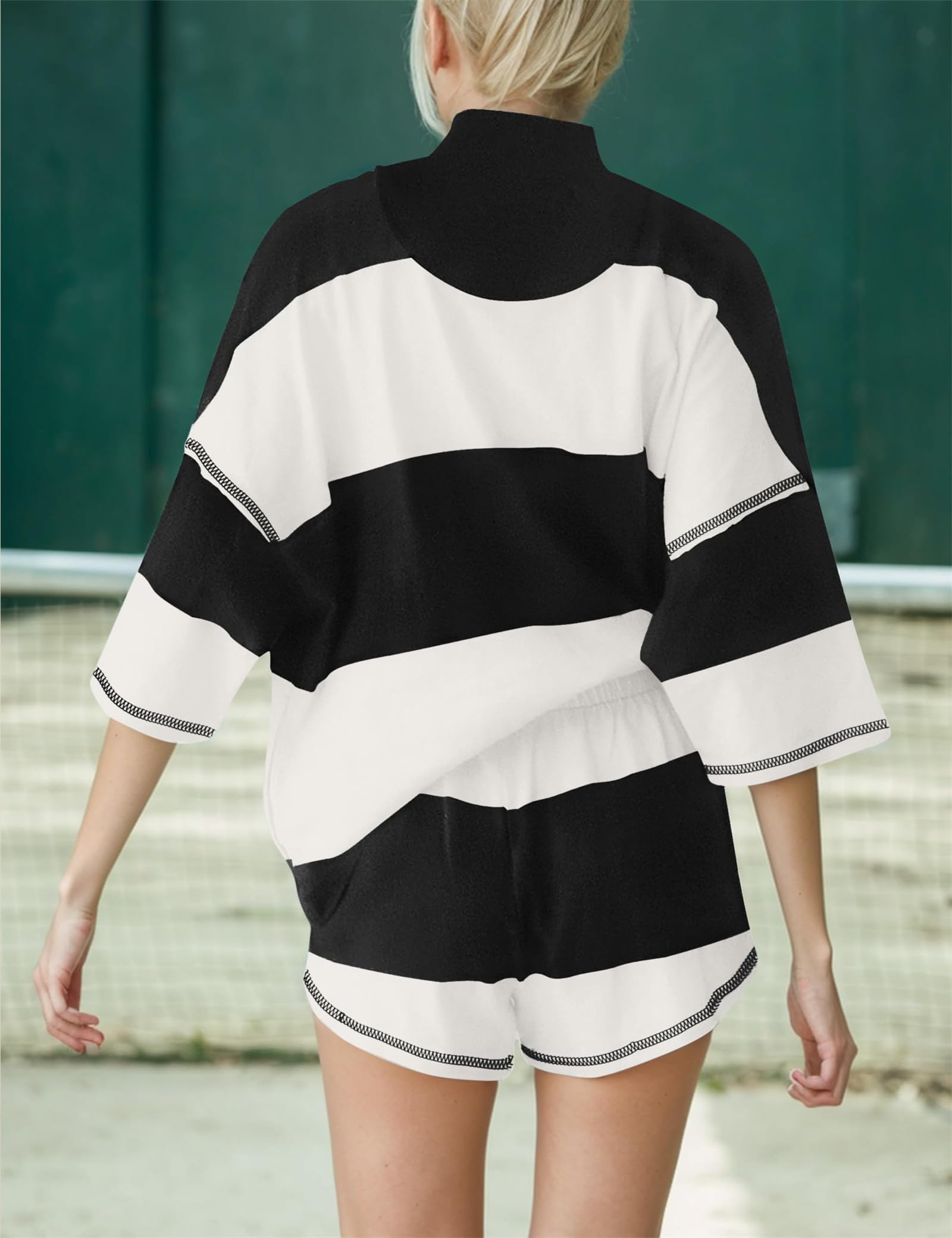 Set da allenamento a righe da donna, 2 pezzi, tuta estiva, maglietta e pantaloncini con tasca, nero, 38, Nero , 44