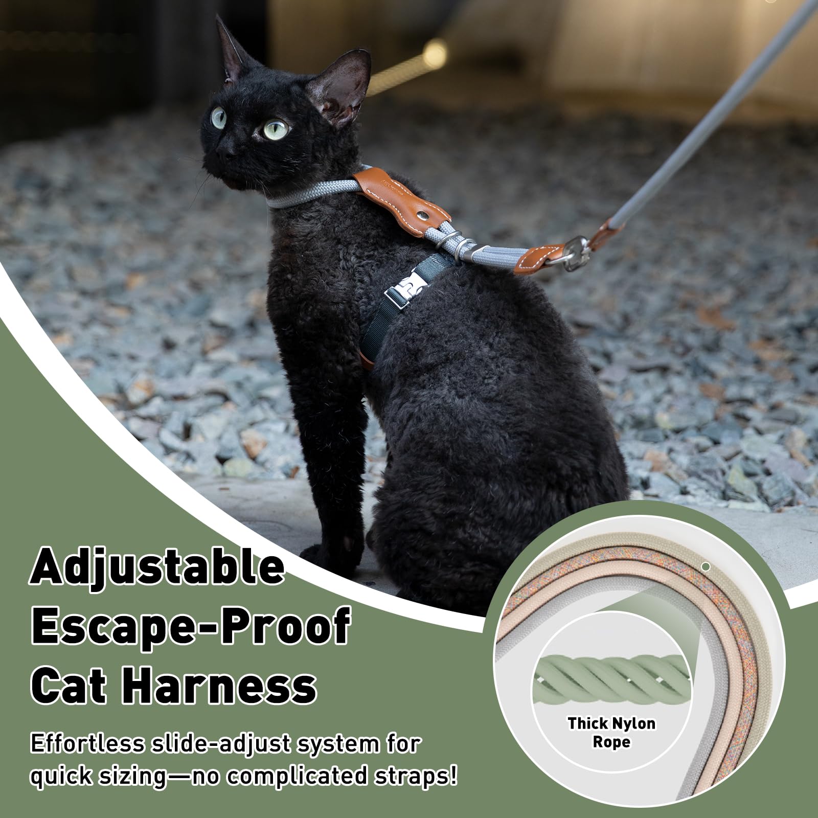 ETIAL Hochwertiges, verstellbares, ausbruchsicheres Katzengeschirr und Leine, Set mit Lederschieberücken, 1,3 m Nylonseil, Kreuzgurt, robuste Schnallen für sicheres Gehen, Olivgrün, Rückenlänge 8,9 cm