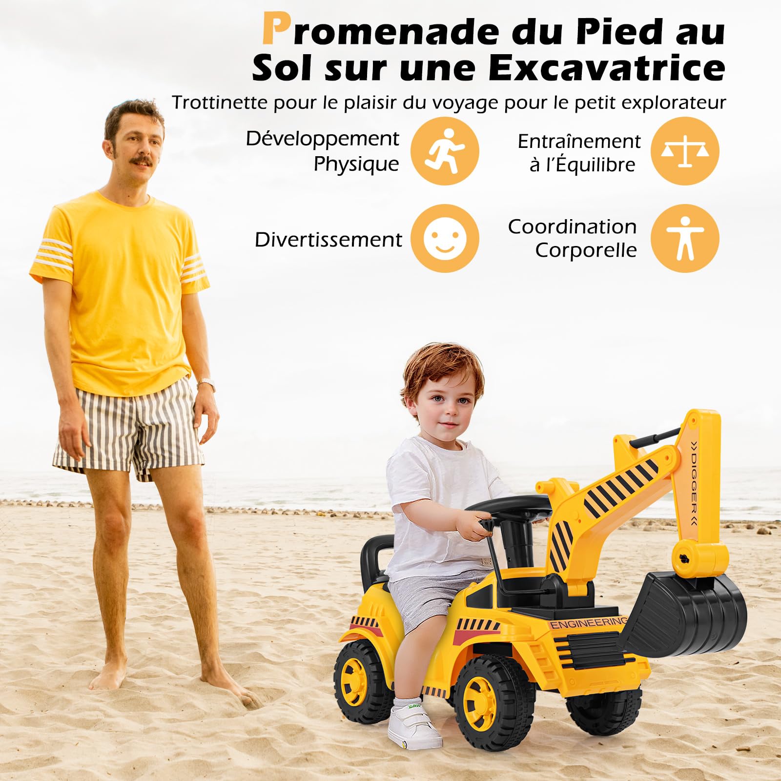 COSTWAY Tractopelle Enfant avec Pelle Réglable & Son du Moteur, Pelleteuse Enfant avec Bloc Anti-basculement, Espace Caché, Charge 15KG, Excavateur pour Enfant de 19-36 Mois