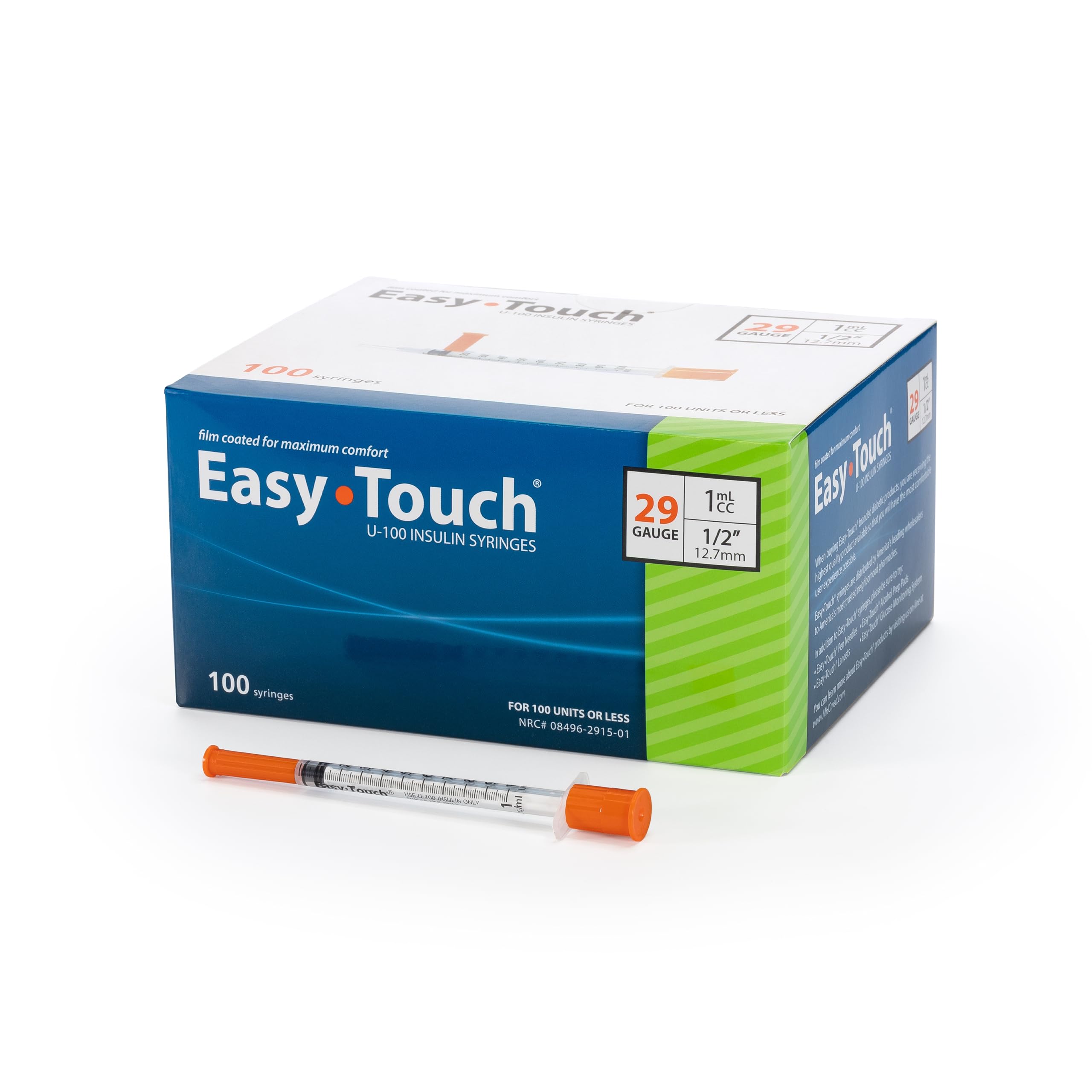 Easy Touch 29 Gauge U-100 Insulin Syringes (29G 1cc 1/2”) with 1/2” Long Needle, 1cc (100 Unit Capacity), Bold Markings for Accurate Dosing, Disposable, Box of 100