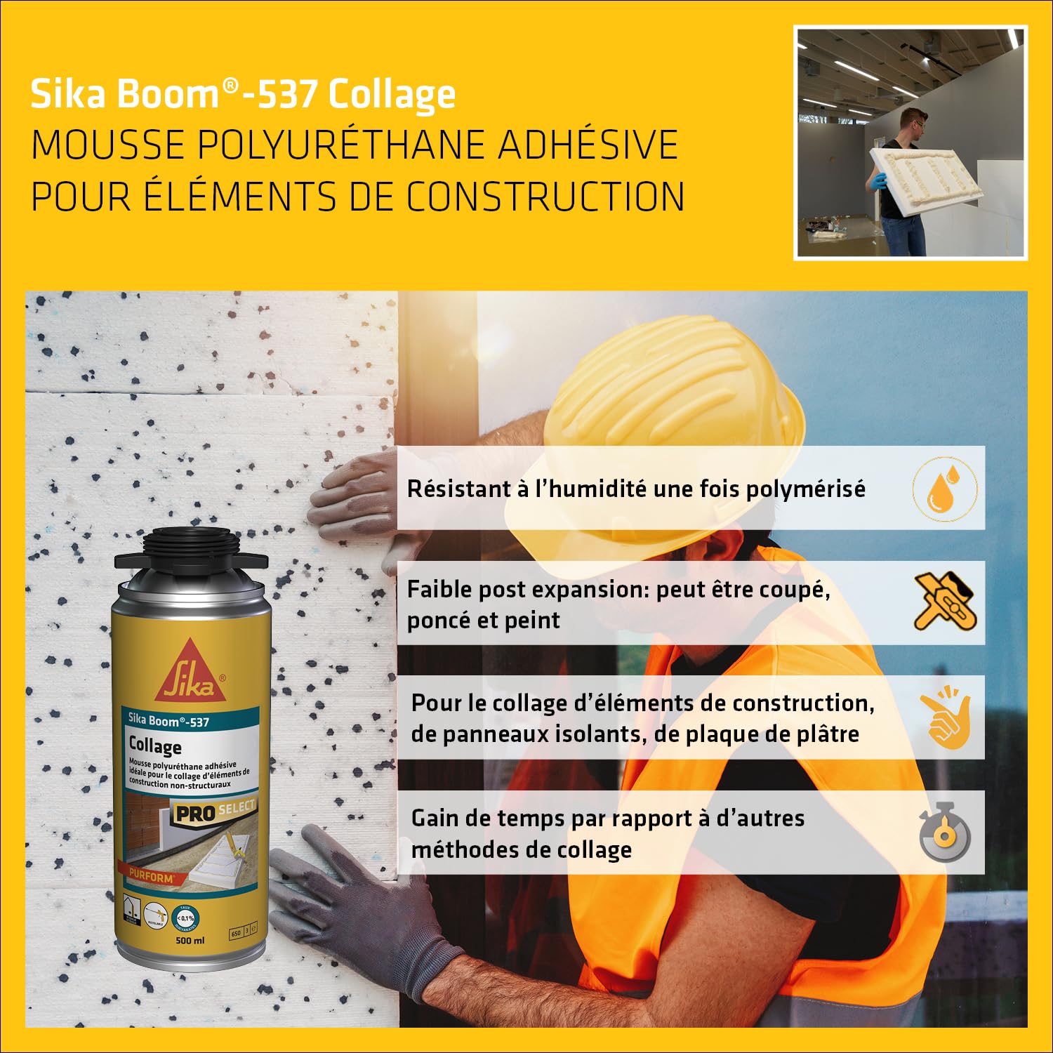 SIKA - Lot de 3x Mousses polyuréthane adhésive - Pour le collage d'éléments de construction - Pistolable - Blanc - 500ml + Pistolet d'application