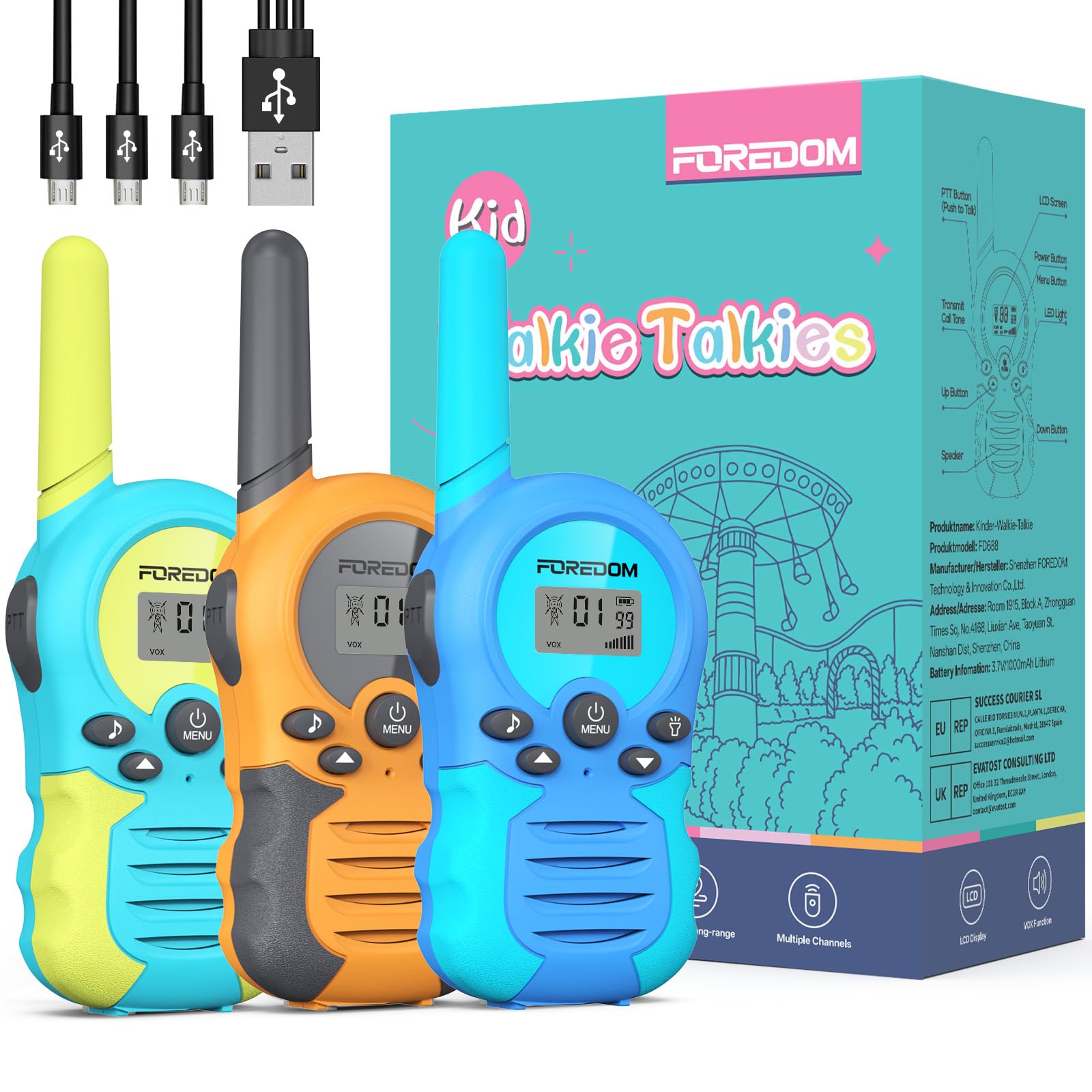 FOREDOM Walkie Talkie Ricaricabili per Bambini con Lunga Portata per Ragazzi e Ragazze da 3 a 12 Anni Regalo di Compleanno – Confezione da 3