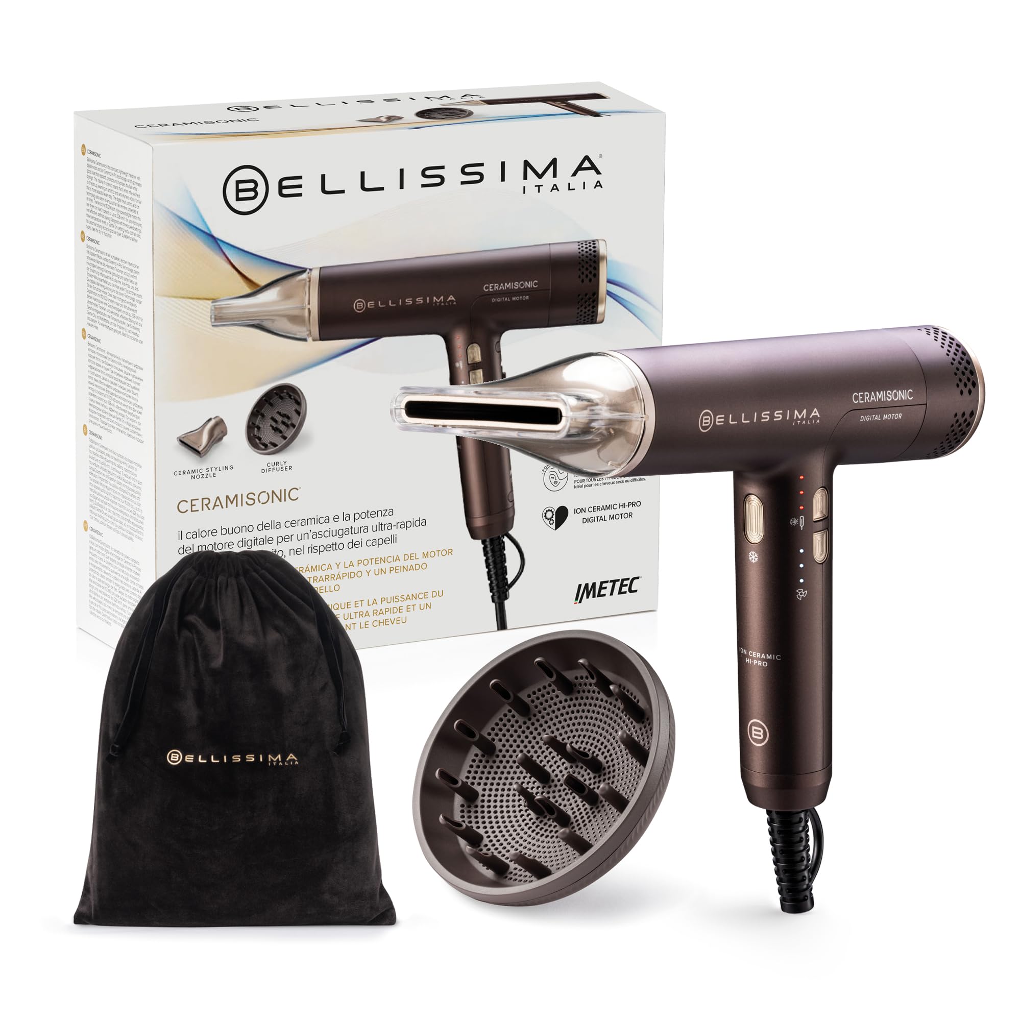 Bellissima Ceramisonic 21014, Secador de Pelo Digital 1700W, 228 km/h, Motor Digital Alta Velocidad, Tecnología Ion Ceramic Hi-Pro Antifrizz, Ultraligero 300 g, Silencioso, Incluye Difusor