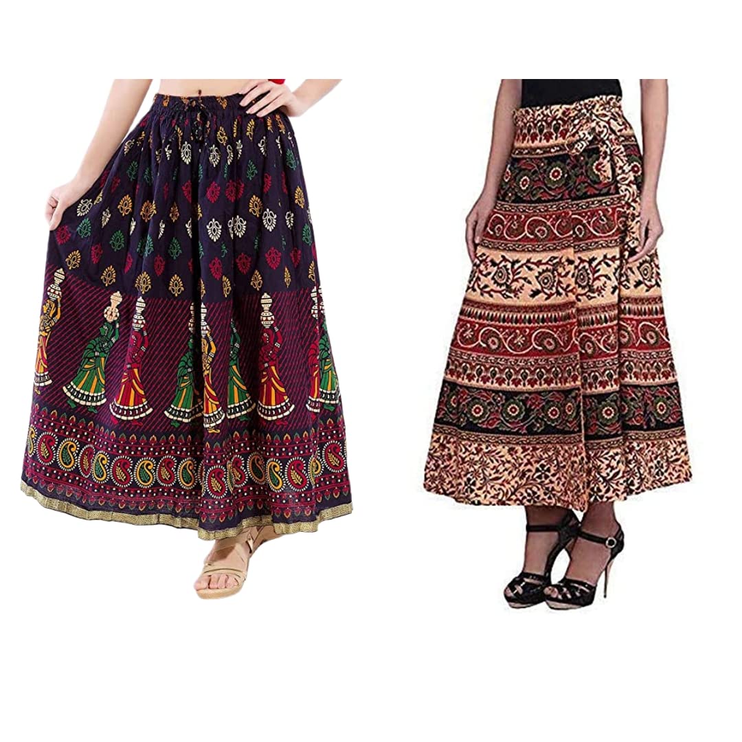 Modern Kart Women's Combo Jaipuri Sanganeri Print, Rajasthani Jaipuri Women Long Mandala Hand Block Fashion Skirt