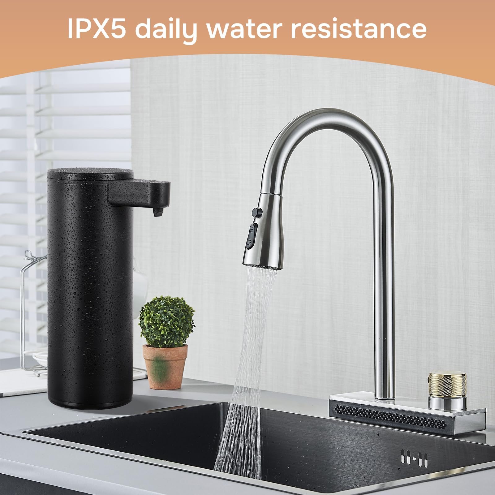 Dispenser automatico di sapone in acciaio inossidabile con sensore Dispenser di sapone a infrarossi elettrico IPX5 impermeabile USB-C Ricarica Sensore di movimento per cucina e bagno nero