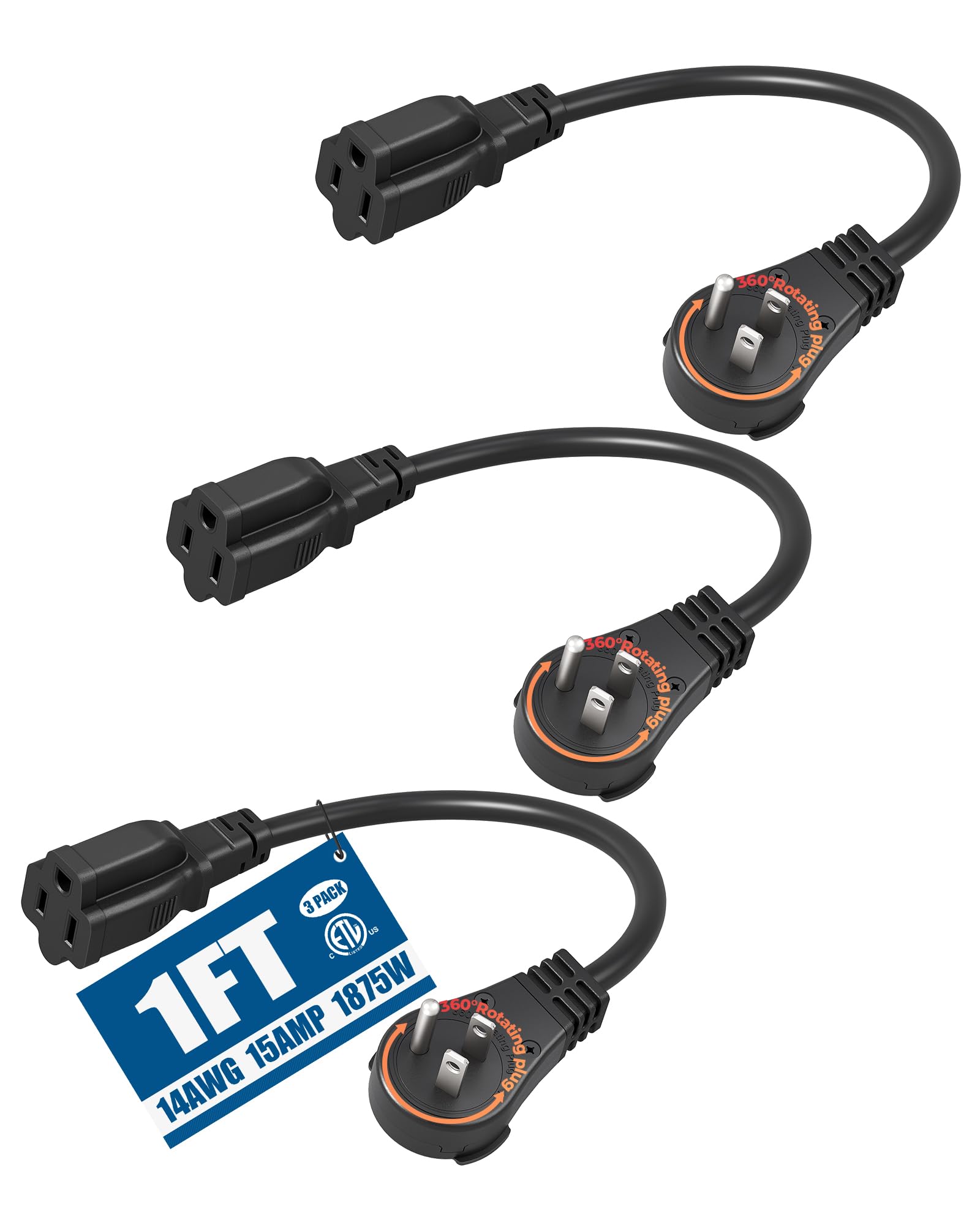 DEWENWILS 360° Rotating Flat Plug Extension Cord 1 Foot, 14/3 Gauge 3 Prong Grounded Wire, 15A/1875W Heavy Duty Power Cord, Space-Saving Size for