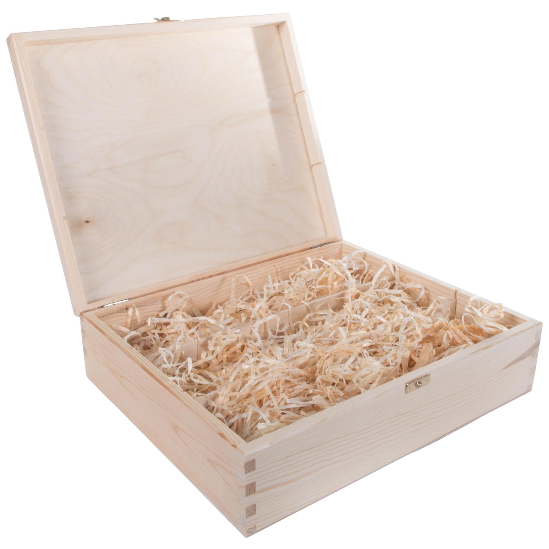 WooDeeDoo 3 Bottles Wine Wooden Box Prefilled with Wood Wool – 36 x 30 x 10.5 cm – Rustic Gift Crate with Clasp and Divider for Presentation Storage Display or Personalised Decoration