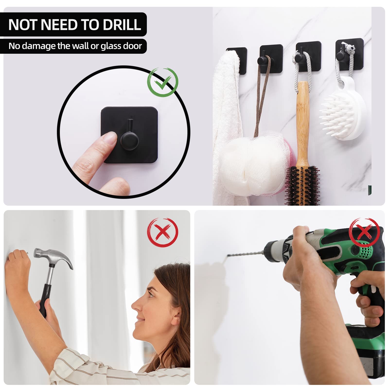 Feligio Ganchos Adhesivos para Pared Autoadhesivo Gancho para Toallas Sin Taladro Inoxidable Impermeable Gancho para Baño para cocinas, baños, oficinas, 4 Piezas Negro