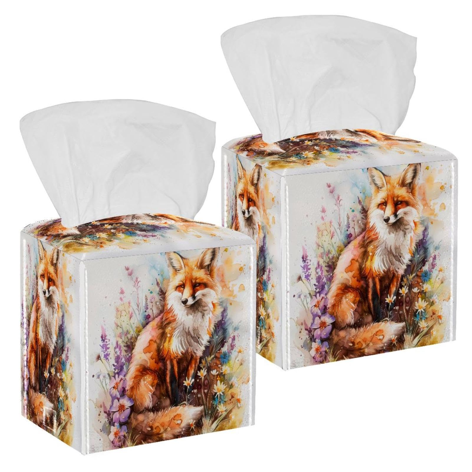 Watercolor Fox Tissue Box Cover, 2 Pack PU Leather Square Facial Tissue Dispenser Box holder for Home Office Car