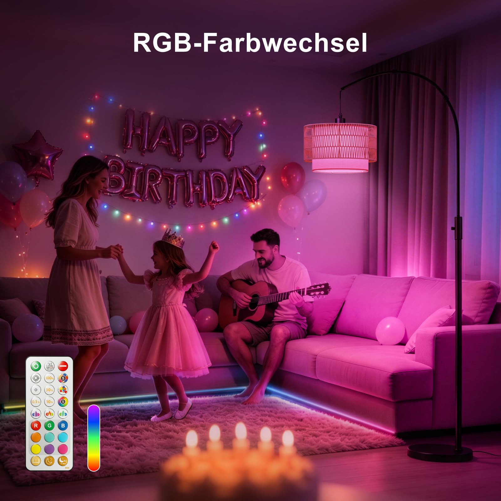 Boho-Bogen Stehlampe RGB, 1600 K Bernsteinlicht/4000K Neutralweiß | 180 cm, 3-in-1-Schirm in Rattan- und Leinenoptik, 10 W 1200 lm, 0,1–100 % dimmbar, Timer, magnetische Fernbedienung