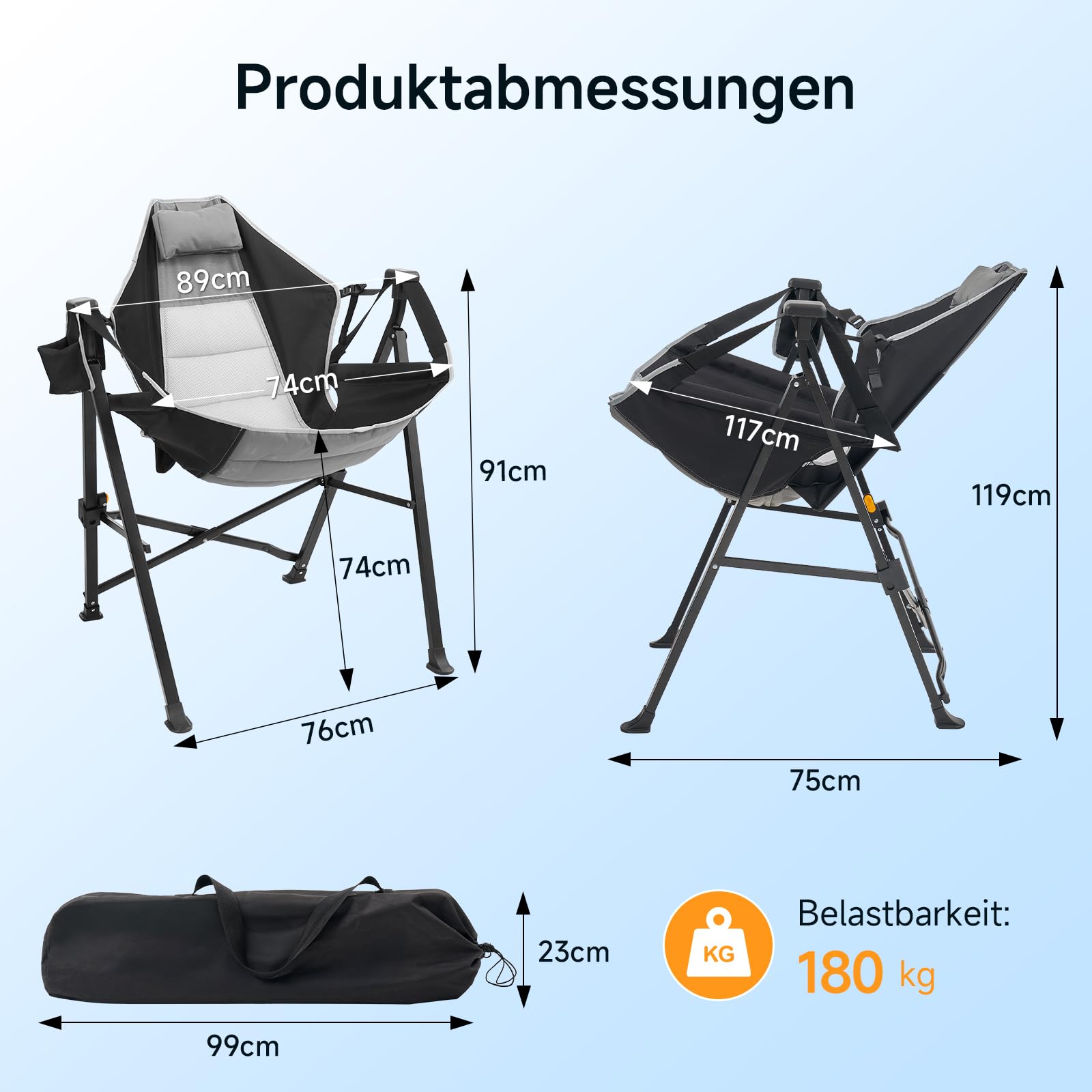 Faltbarer Campingstuhl mit Fußstütze, 180kg, Schaukelfunktion