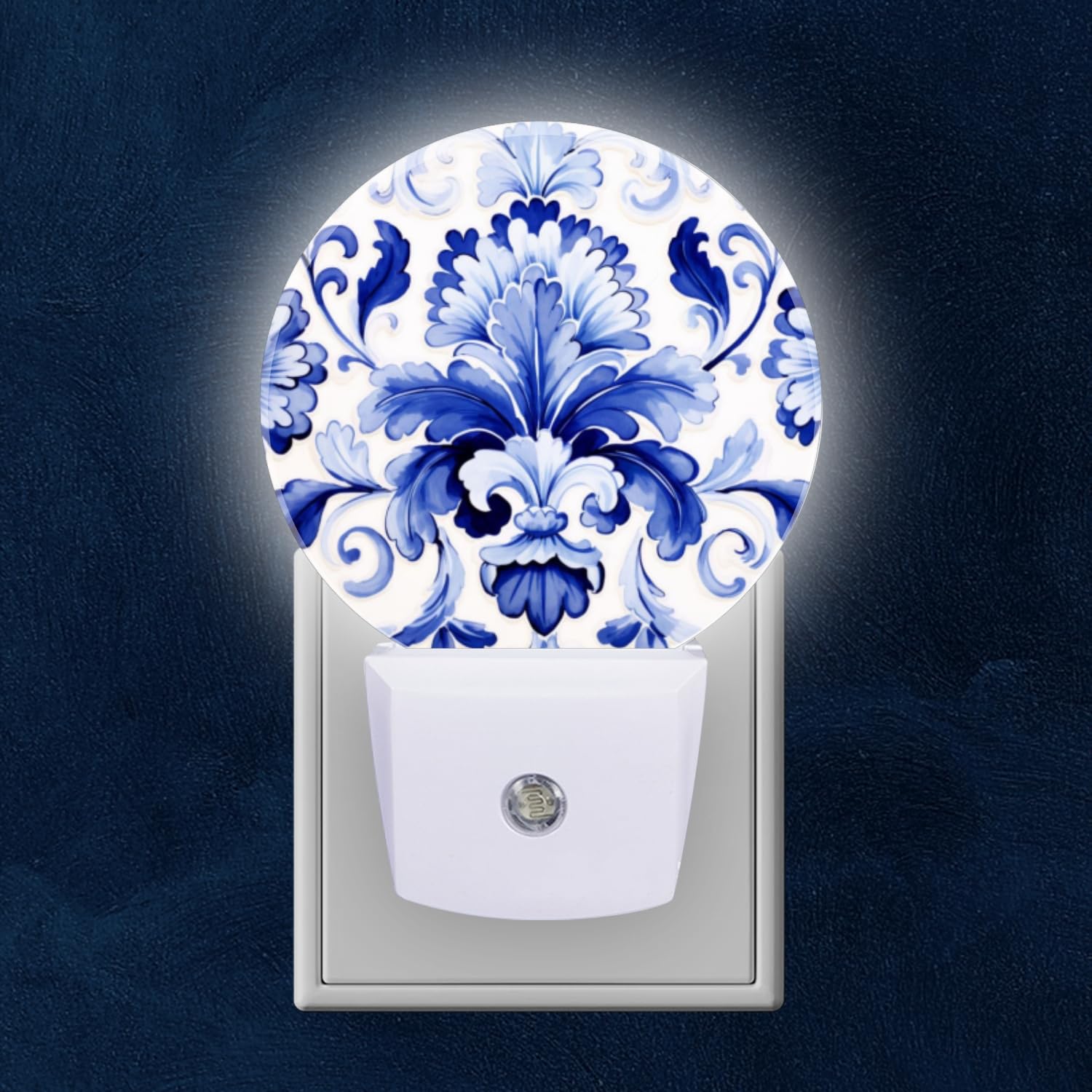 Round LED Night Lights Lamp with Dusk to Dawn Sensor Elegant Blue White Design Night Light Plug Into