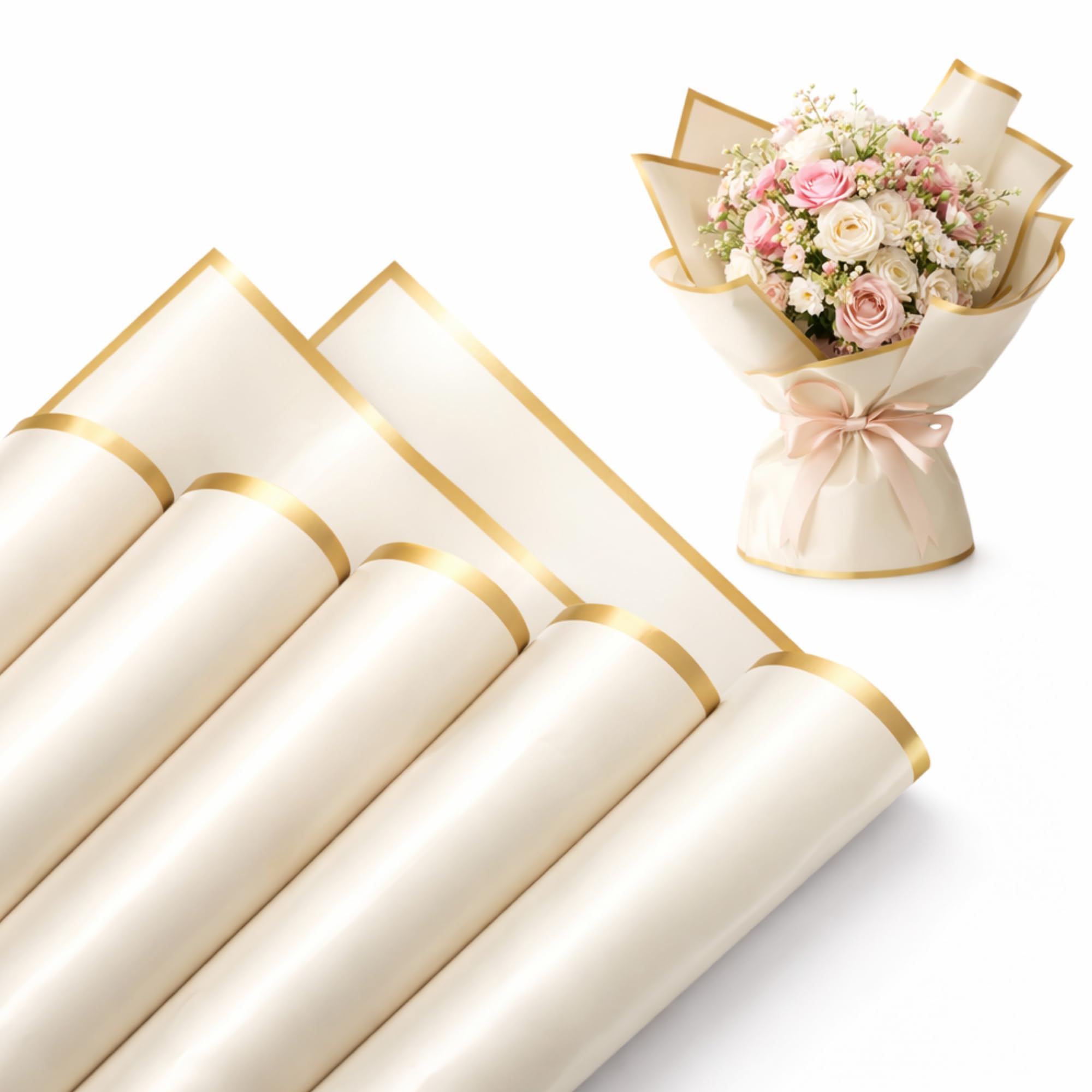 WYOG wrapping paper for flower bouquet | Wrapping Paper for Gift Packing | (10 Sheets + 10 Ribbons) | Premium Wrapping Sheets with Golden Border | For Gift Decoration | Off White | Pack of 20 |-image-46