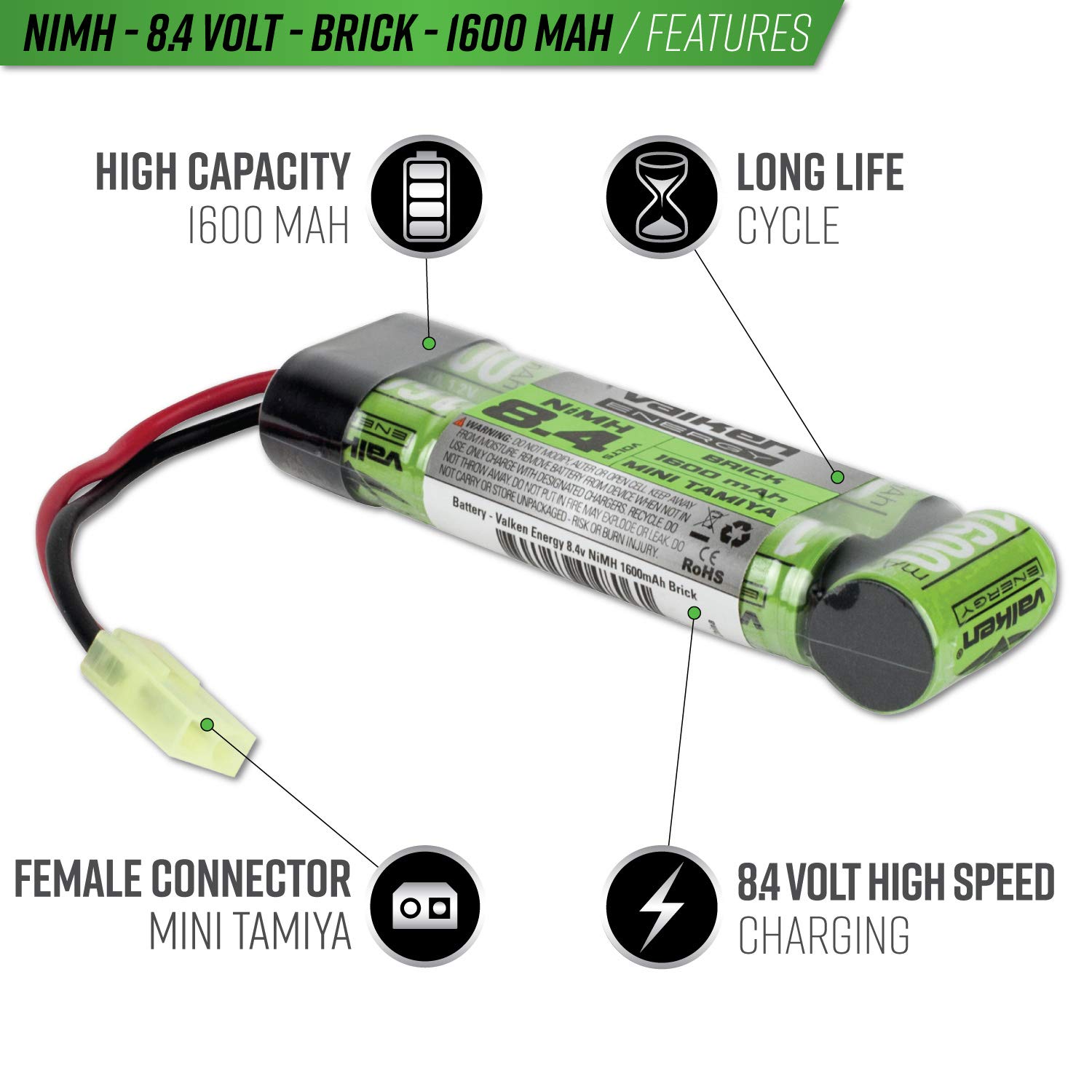 Valken Airsoft Battery - NiMH 8.4v 1600mAh Mini Brick Style