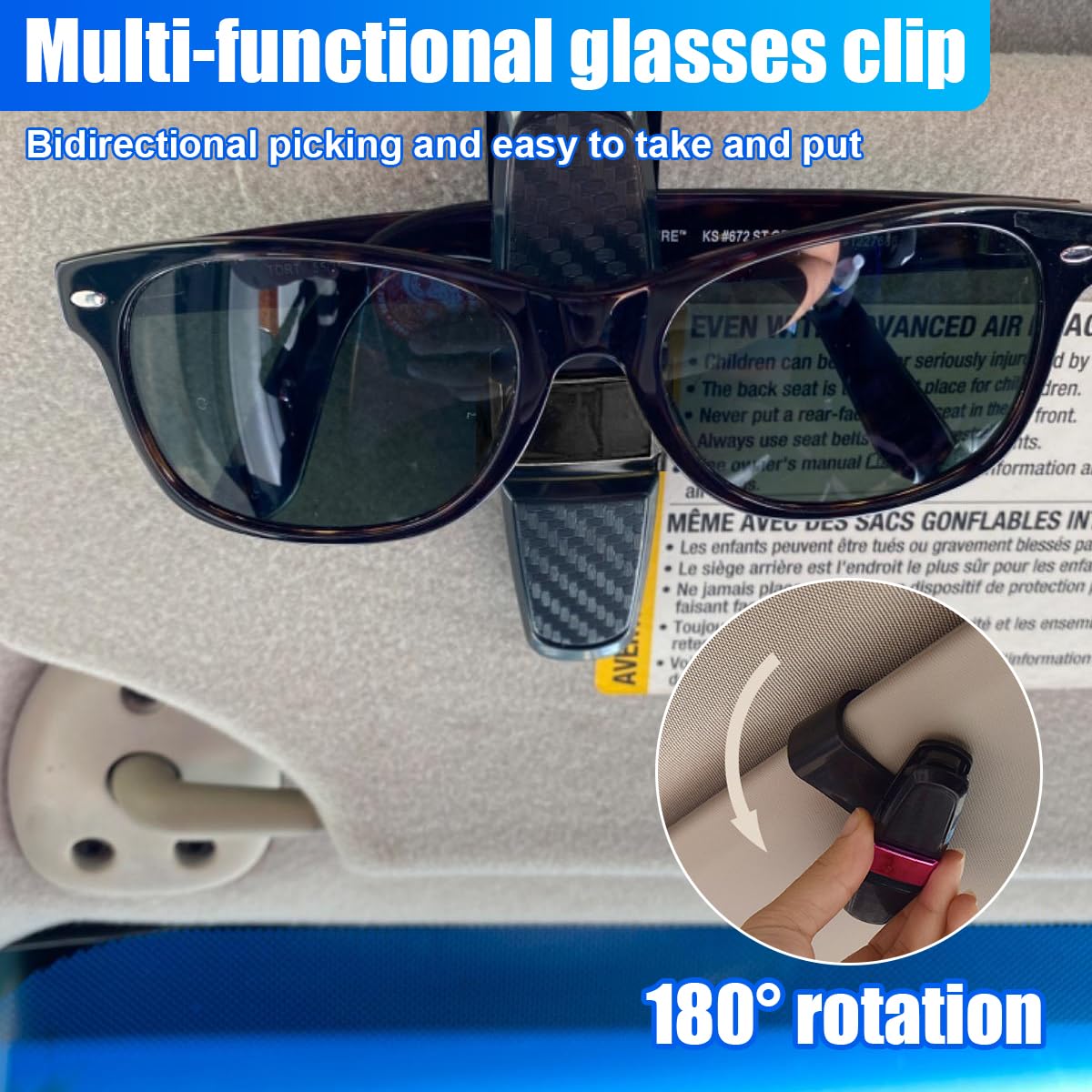 2 soportes para gafas para visera solar de automóvil, soporte de gafas de sol de doble extremo, clip giratorio de 180 grados, accesorio organizador universal para lentes interiores de