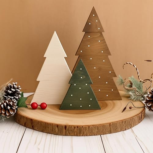 Miniatura 1 de 3 piezas de decoraciones navideñas rústicas de madera de granja, árboles de Navidad neutros, decoración de árbol de mesa neutral, decoraciones de