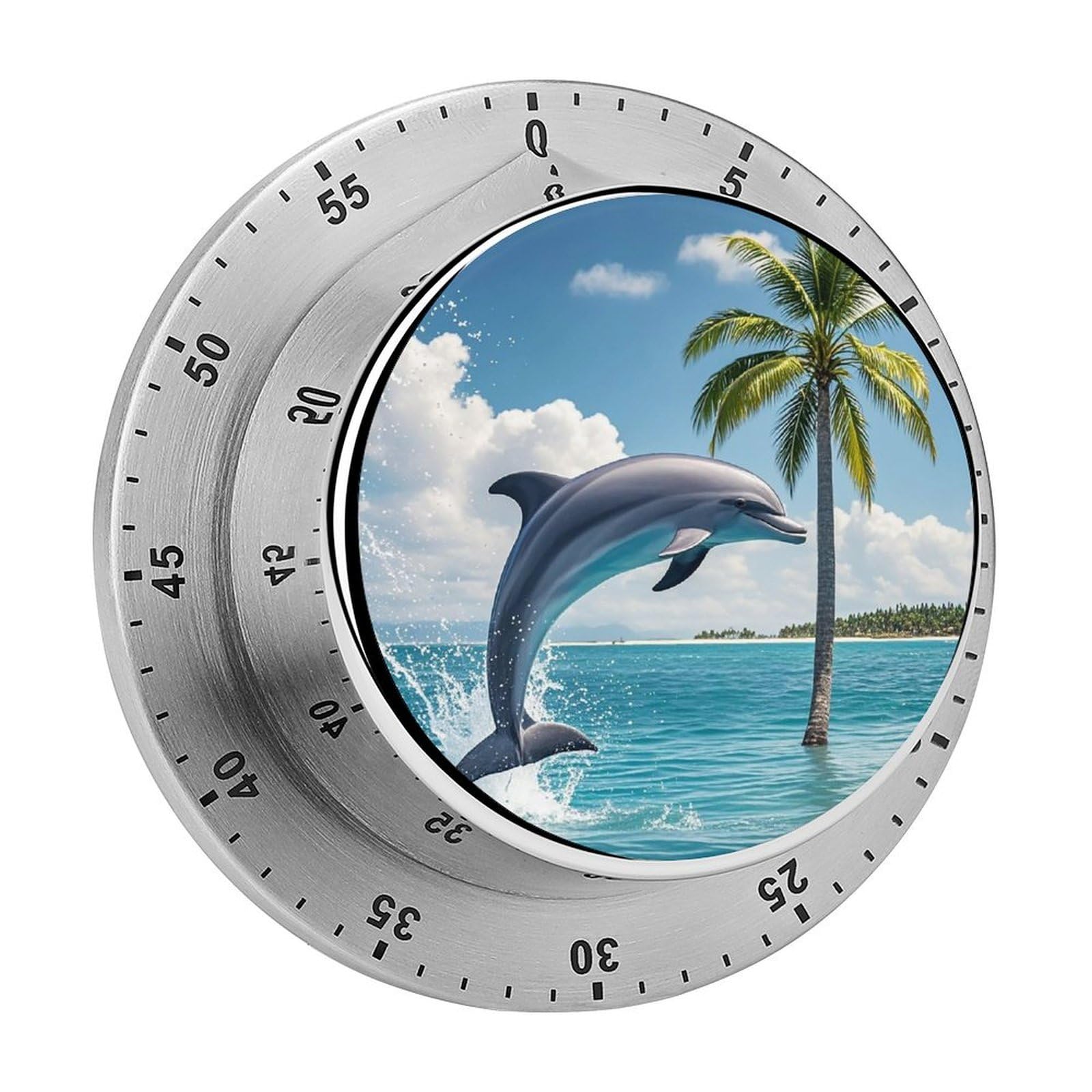 Dolphins and Palm Trees Timer with Loud Alarm Precision 60 Minute Wind Up Timer Portable Manual Countdown Timers Exquisite Stainless Magnetic Kitchen Timers for Cooking Chef Clock