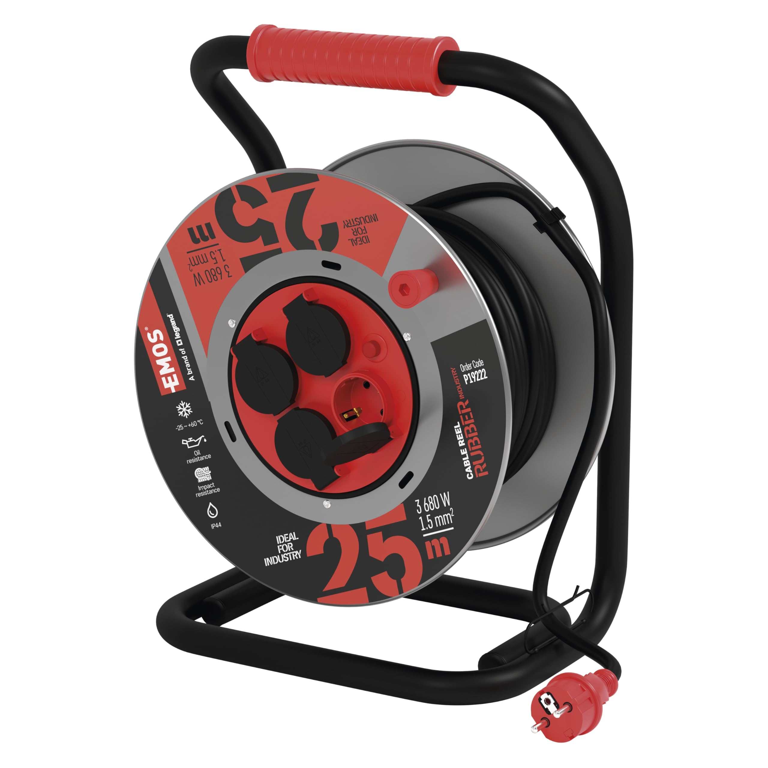 EMOS Avvolgicavo per esterni, in lamiera d'acciaio, 25 m, cavo in gomma H07RN, 1,5 mm2 (neoprene) con 4 prese Schuko, IP44, impermeabile, per esterni, industria, cantieri