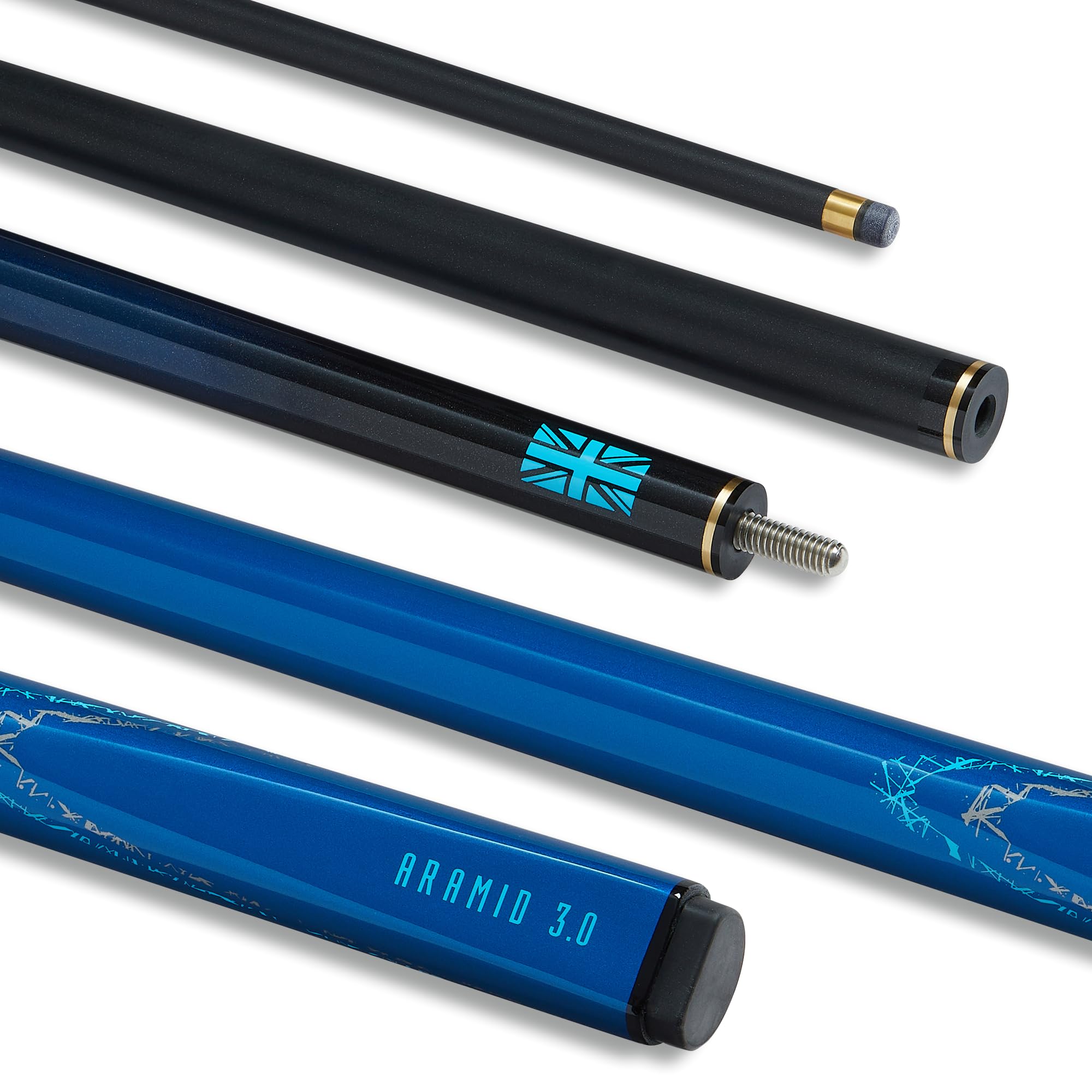 Snooker Pool or Billiard Cue | Carbon & Fibreglass | Metallic Painted | Blue, Emerald, Black or Blue and Rose Gold | 2-Piece 50/50 Joint | Full Size 57" | 10mm | Asstd Weights 18oz & 19oz