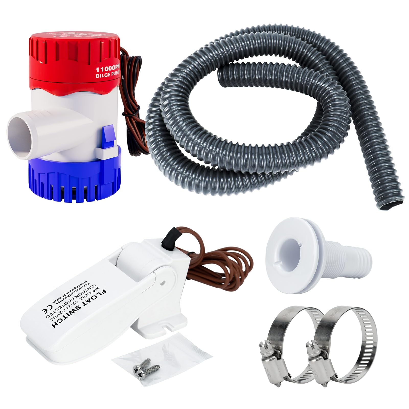 Sanuke 1100gph Boat Bilge Pumping Kit, 12V Bilge Water Pump with Float Switch, 6 FT Kink-free 1-1/8 Inch Hose, 2 Clamps and Thru-Hull Fitting, Bilge