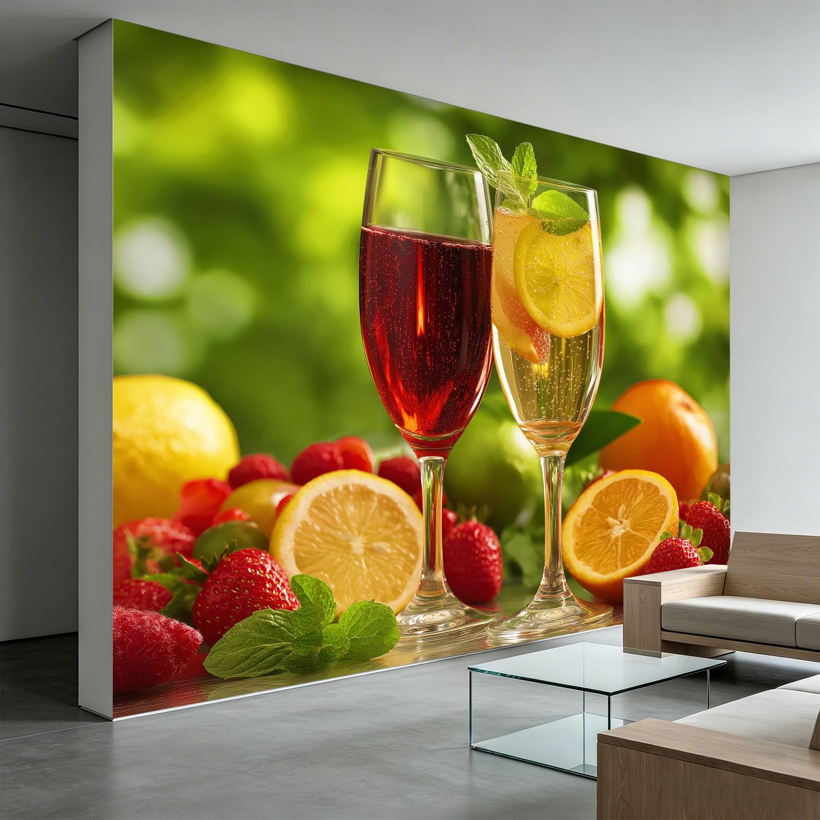 Tapeta 3D owoce wino 250 x 175 cm mural ścienny, na letnie napoje, kuchnia, bar, jadalnia, flizelina, fototapeta, funkcja premium