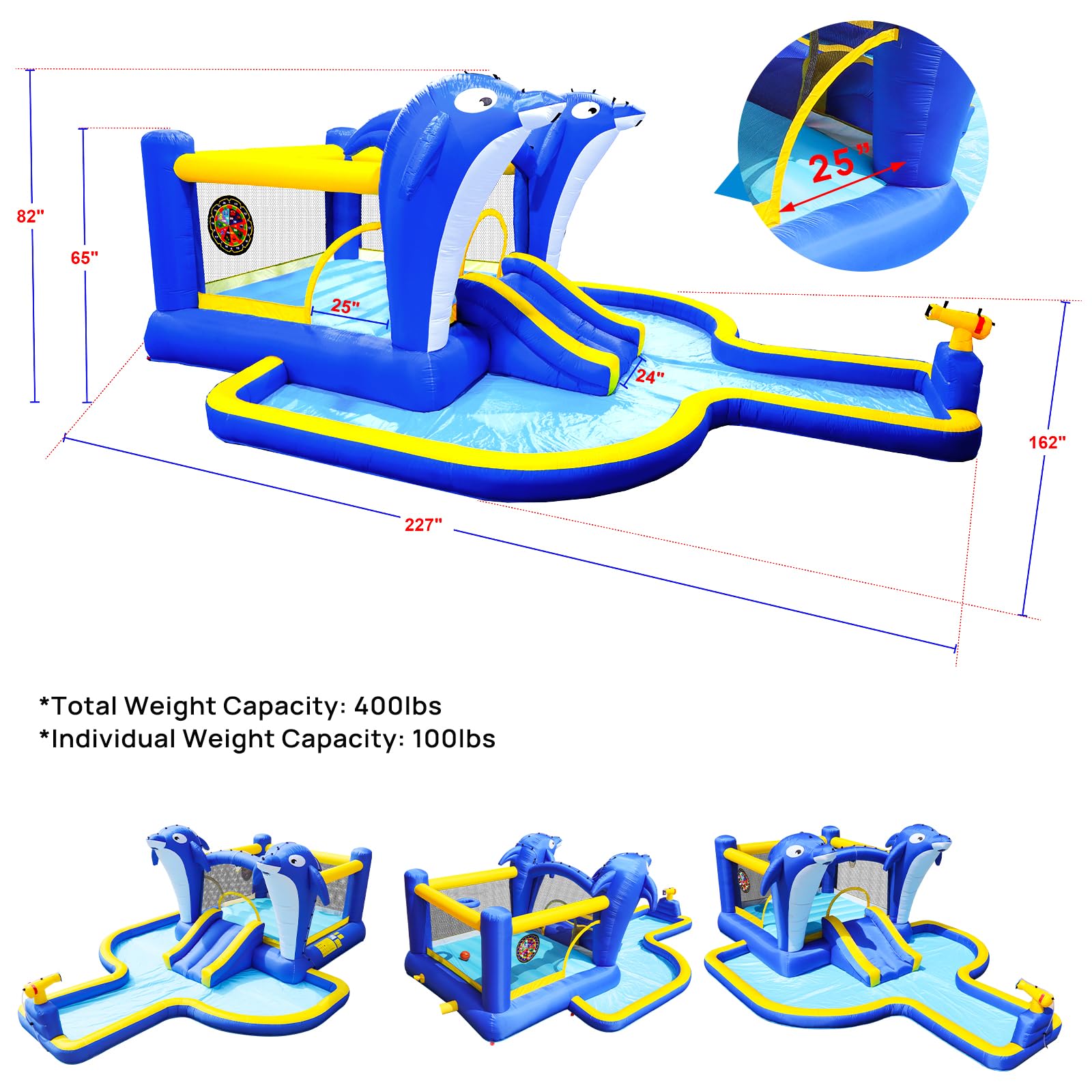 6-in-1 Inflatable Slide Water Park Trampoline Bouncer with Dolphin Sprinkler, Target Games, Water Gun & Basketball – ETL-Certified Blower, Outdoor Family Fun
