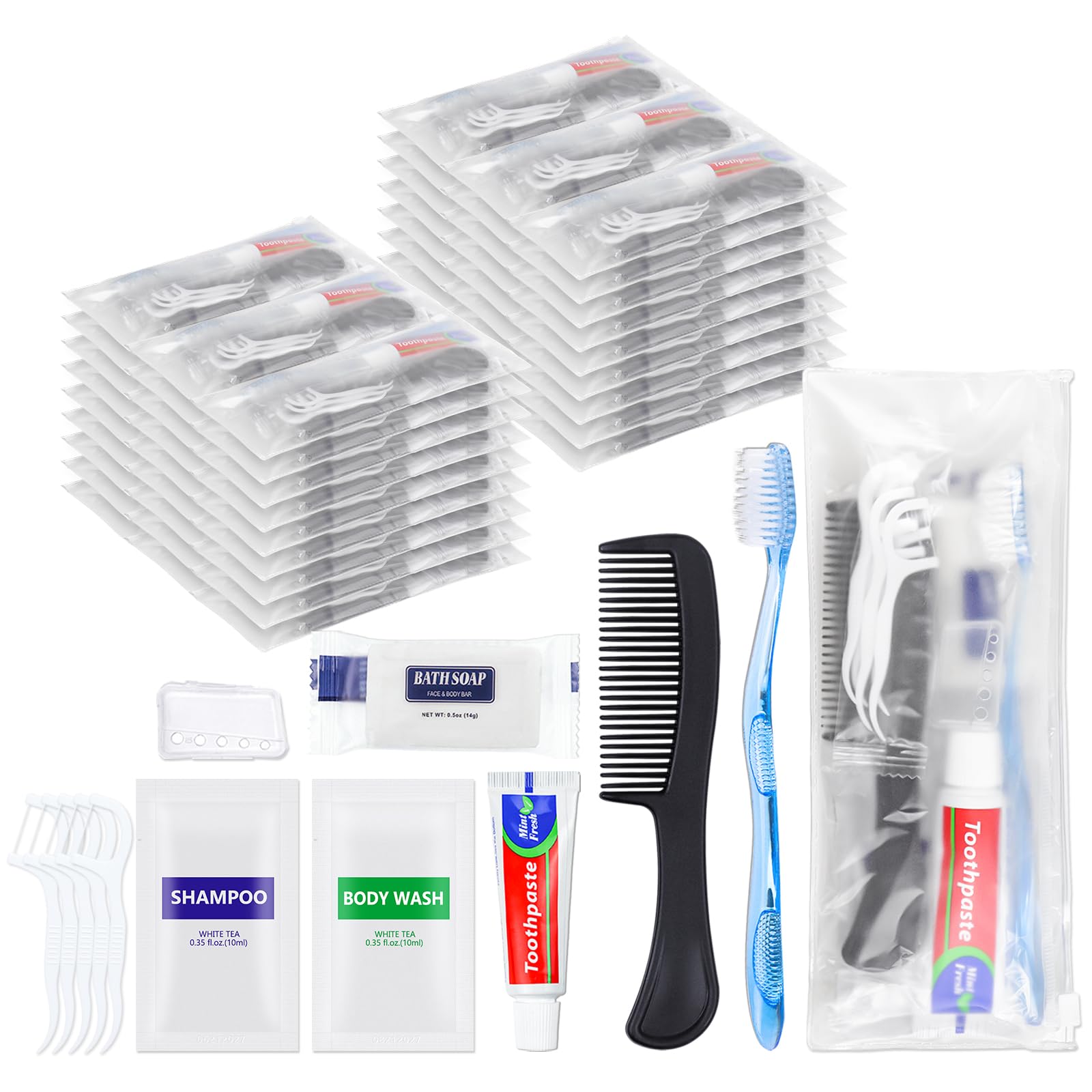 Lot de 50 kits d'hygiène en vrac pour sans-abri, trousse de toilette de base, fournitures de toilette jetables en vrac, brosses à dents jetables avec dentifrice et peigne emballés
