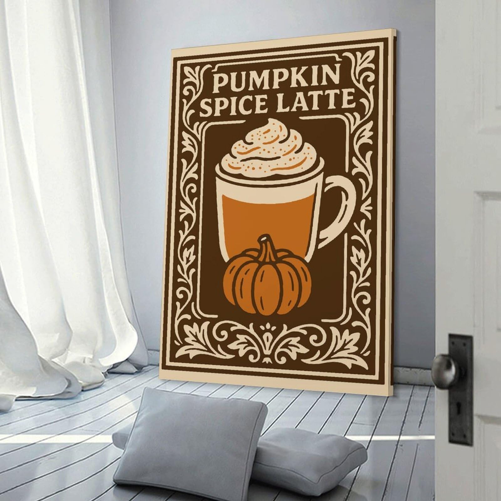 Junmoney Room Decor Wall Art Pumpkin Spice Latte Illustration, 20x30inch(50x75cm), for Wall Displays, Bedrooms Or Room Updates, A Versatile Canvas Print for Layering