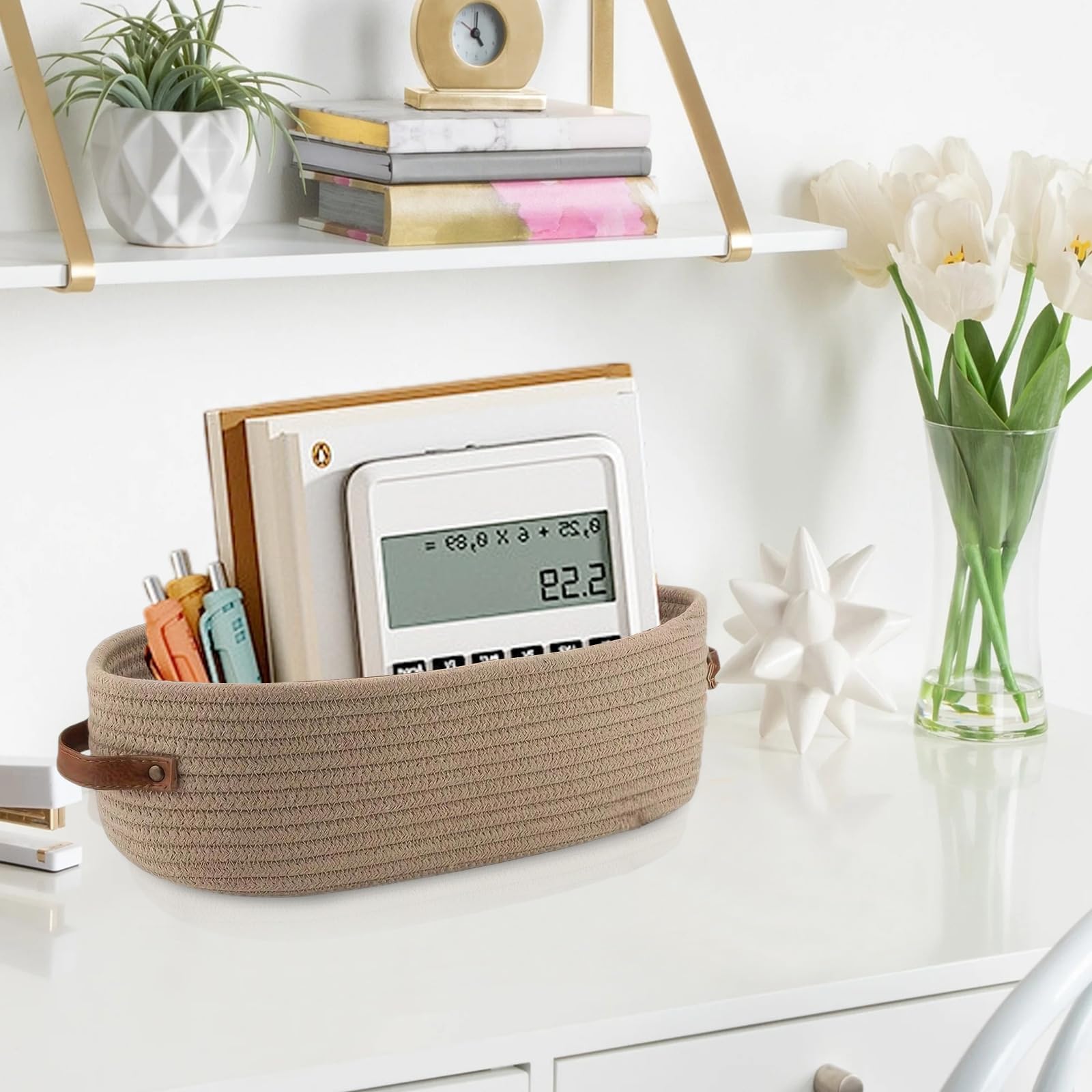 TIANLIN Set di 2 Cestini Portaoggetti Intrecciati in Cotone, 1 Grigio & 1 Kaki 33×15×10 cm, Cestino Portaoggetti con Manici in Pelle per Bagno, Camera, Cucina e Organizer Fasciatoio per Neonati
