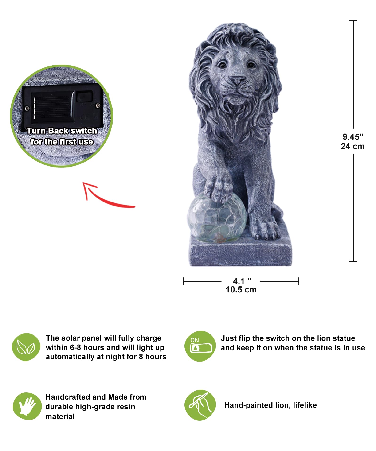 Figurines de lion Yeomoo décoratives avec lampes solaires - Boule - Décoration de jardin - Cadeau d'anniversaire pour homme et femme