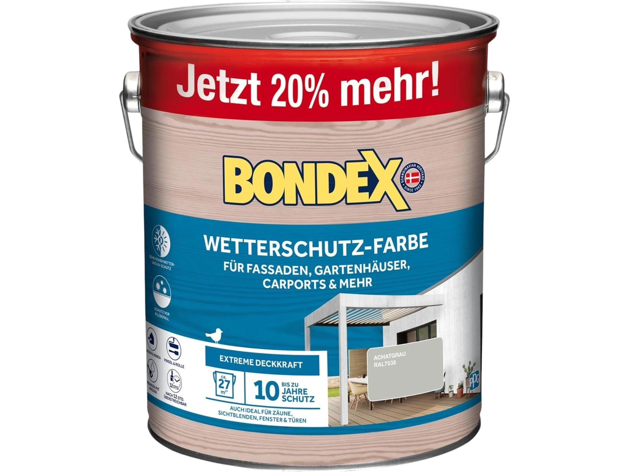 zbs24 Bondex Wetterschutzfarbe für Außen, atmungsaktiv, bis zu 10 Jahre Wetterschutz, extreme Deckkraft, einfache Verarbeitung, für Holz, inkl. 3-teiliges Pinselset (achatgrau RAL7038, 3 Liters)
