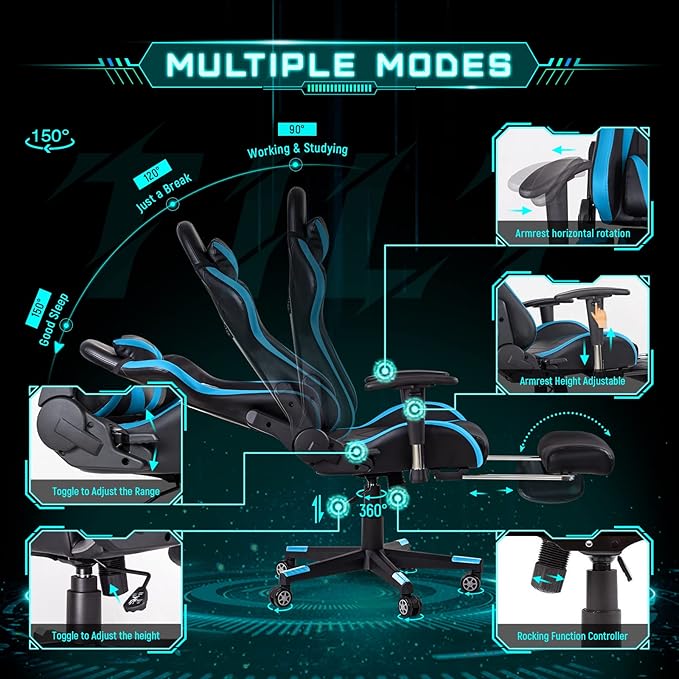 Gaming Chair High Back Ergonomic Computer Racing Chair Adjustable Office Chair with Footrest, Lumbar Support Swivel Chair - Upgraded Version BlackBlue