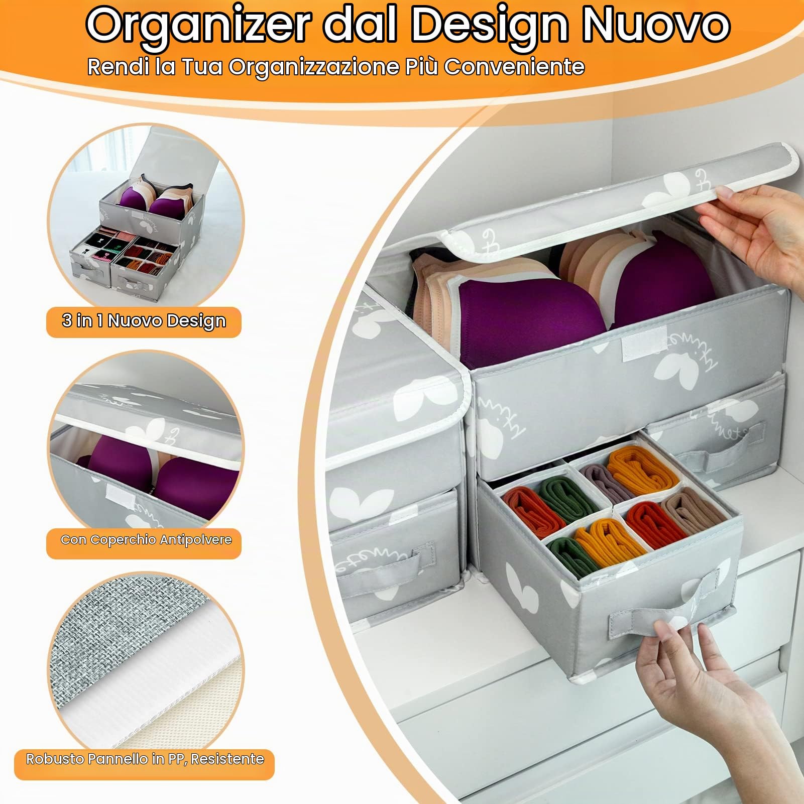 2 Pezzi Organizer per Biancheria Intima e calze, Armadio Divisori Pieghevole per Cassetti, Organizer per vestiti con coperchio per reggiseno, mutandine, magliette, maglioni