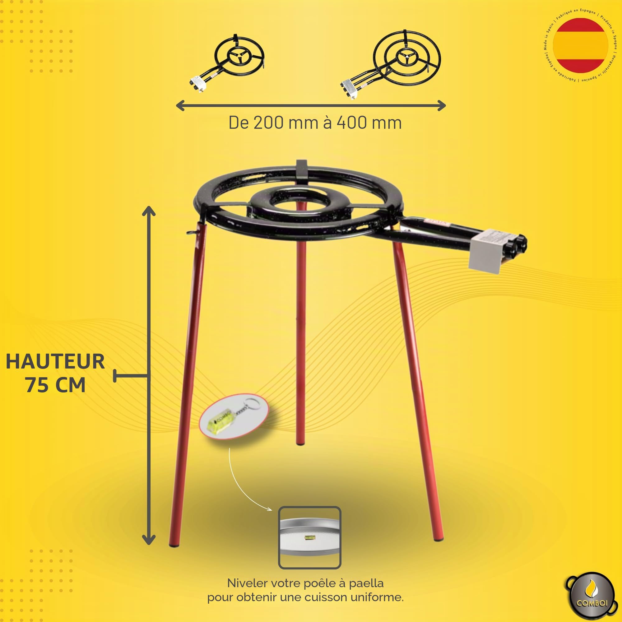 COMBOI Kit Professionnel à Paella - Poêle Polie 46 cm, Brûleur Plat 35 cm, Régulateur, Tuyau, Support Pieds, Niveau, Tablier, Livre de Recettes Numérique