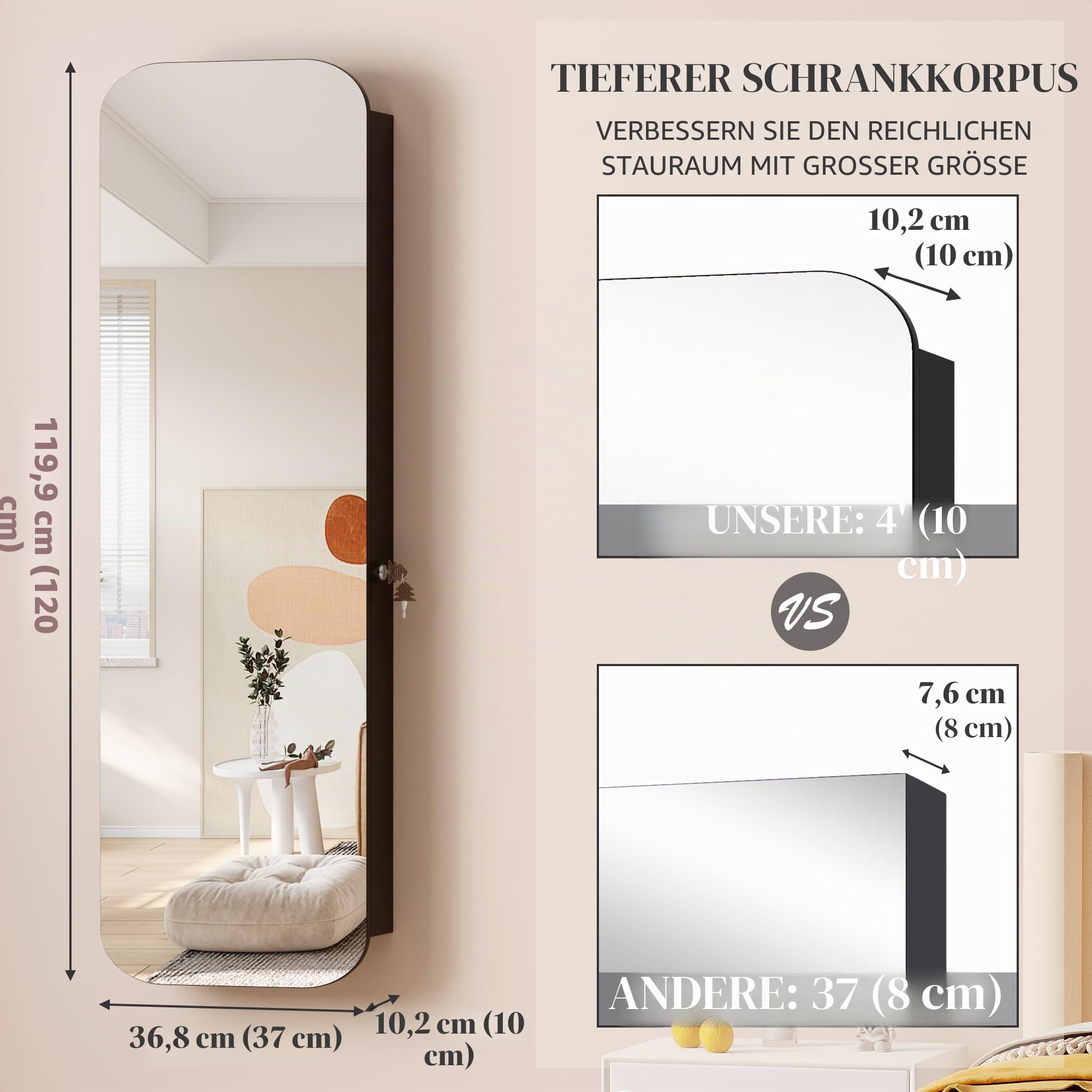 Vlsrka LED Ovaler Schmuckschrank Hängend, Türspiegel/Wandspiegel Schmuckschränk, Schmuckschrank mit Spiegel & Beleuchtung, Schmuckspielgelschrank Holz Abschließbarer, Gewölbter Spiegelschrank, Schwarz