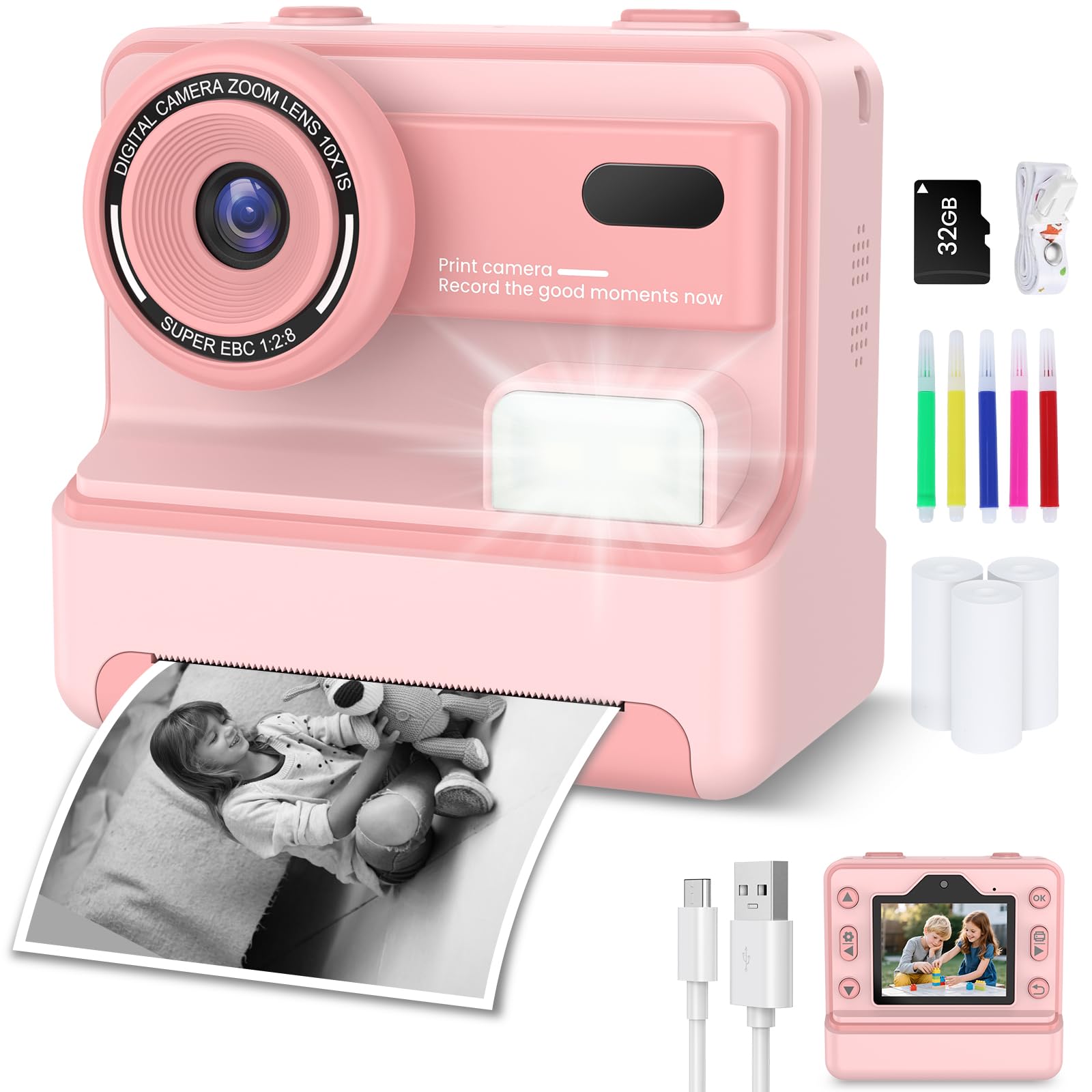 Macchina Fotografica Bambini Istantanea, 48M/1080P Fotocamera Bambini Selfie, 2.4 Pollici Macchina Fotografica Banbini con Carta da Stampa e 32GB Scheda,Regali per Ragazze Ragazzi 3-12 Anni (Rosa)