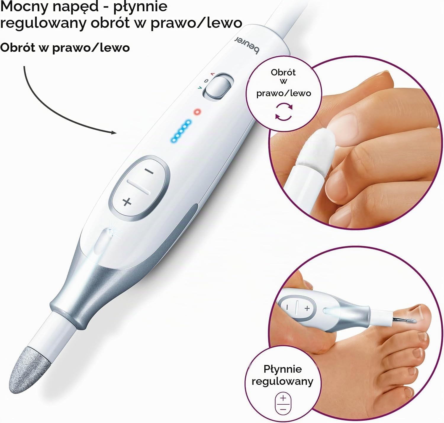 Beurer MP42UK zestaw do pedicure i manicure, elektryczny pilnik do paznokci z 7 wysokiej jakości nasadkami, precyzyjne światło LED, szybki obrót (2500-4600 obr./min), wtyczka brytyjska i torba do