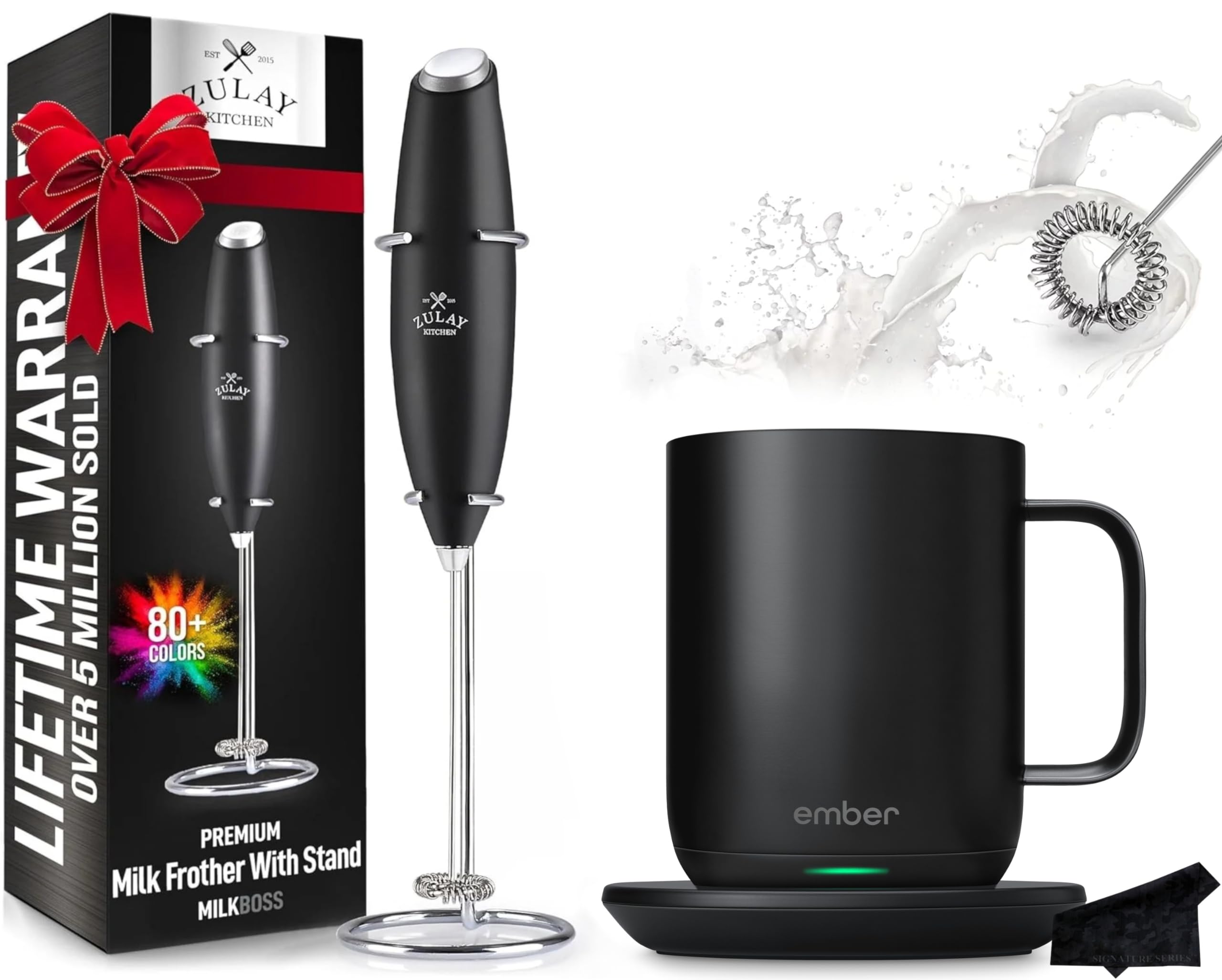 Ember Temperature Control App-Enabled Smart Mug 2, 10 oz with Zulay Milk Frother and Signature Cloth