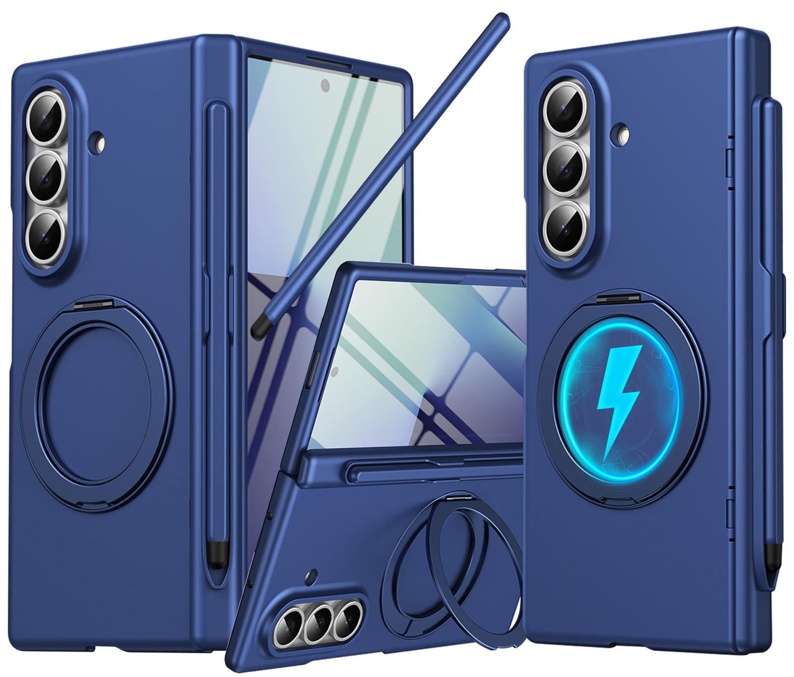 for Samsung Galaxy Z Fold 7 Magnetic Case with S Pen Holder & Stylus, 360° Rotating Ring Stand Compatible Magsafe Screen Protector Hinge Cover Full Coverage Protective Case for Z Fold 7 Blue