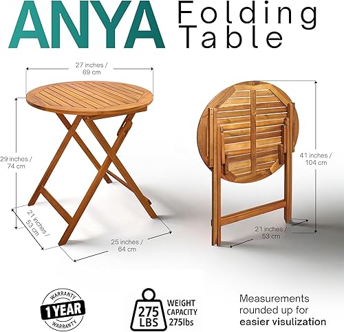 Miniatura 2 de Tranquillo Anya Mesa plegable redonda de madera de acacia maciza para exteriores, pieza lateral sólida de 27.6 pulgadas, bandeja de TV, resistente
