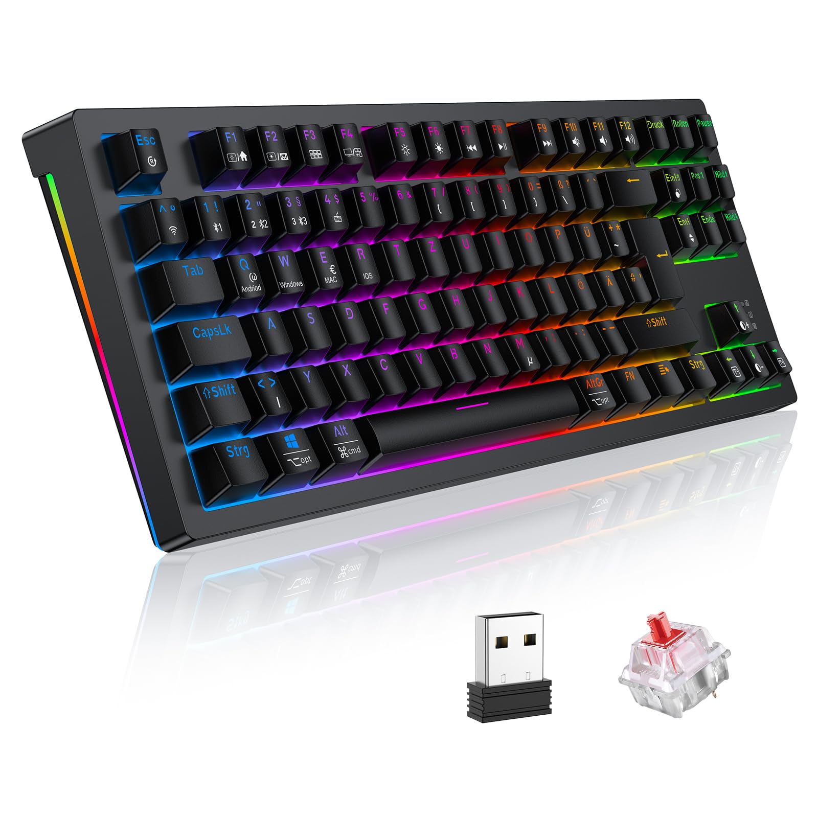 TECURS Mechanische Tastatur - Gaming Tastatur Kabellos Programmierbare 80% TKL