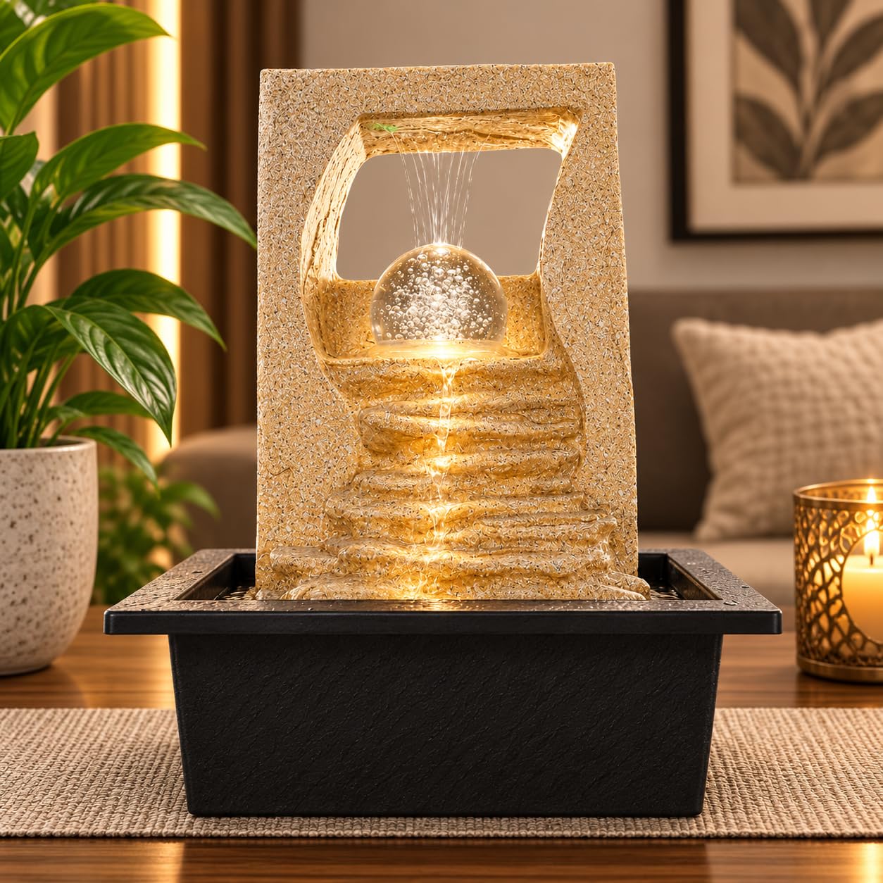 CHRONIKLE Polyresin Table Top Indoor Waterfall Fountain for Home Decor with Multicolor LED Lights, Speed Controller Pump & Rotating Ball (Size: 27 x 21 x 18.5CM | Color: Sand | Wt: 1270 Gram)-image-35