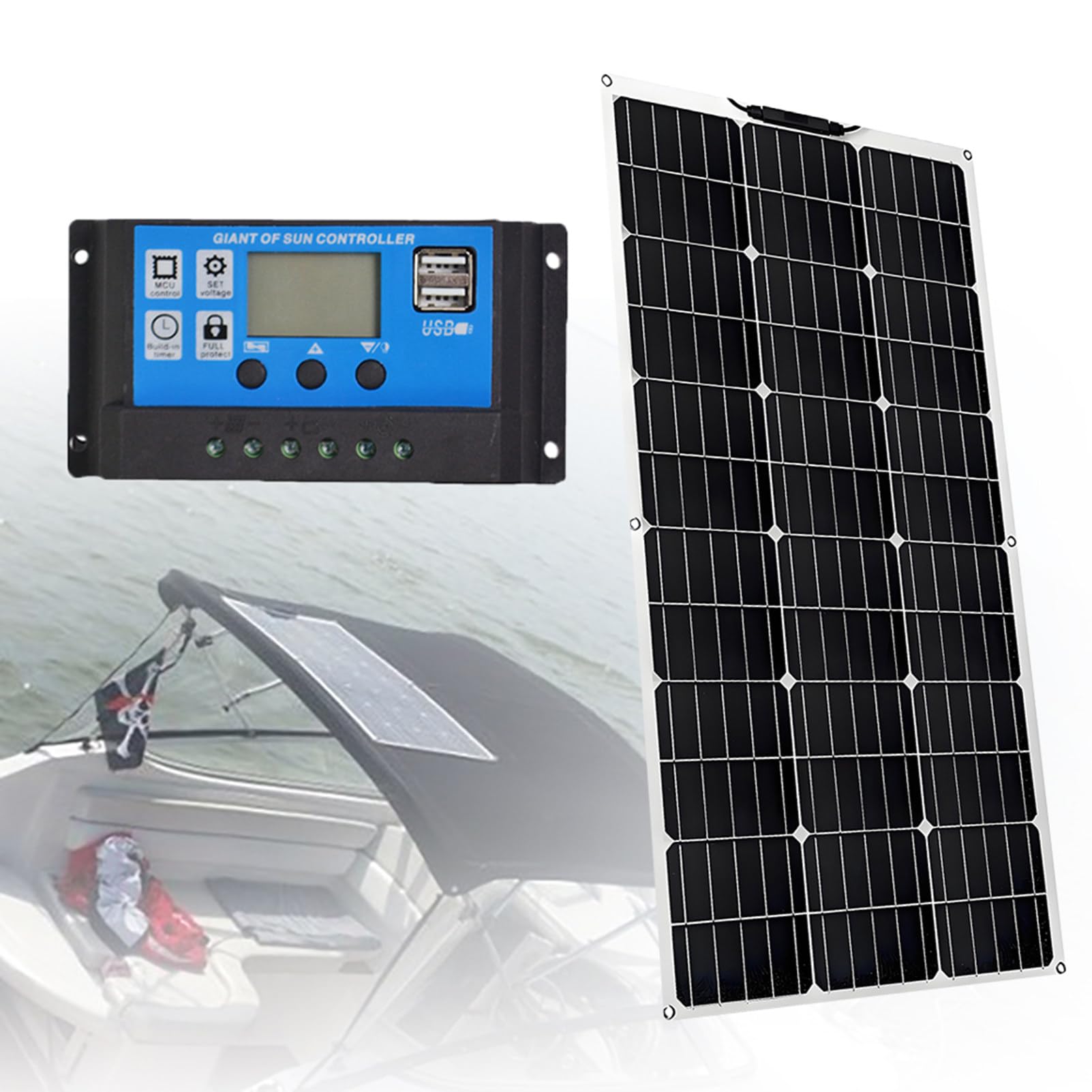 300W 12V Panneau Solaire Souple Panneau Photovoltaique Kit De Panneaux Solaires Monocristallins Plug and Play 40A Contrôleur Solaire pour Maisons RV Bateau Voiture Caravane 1 * 300W