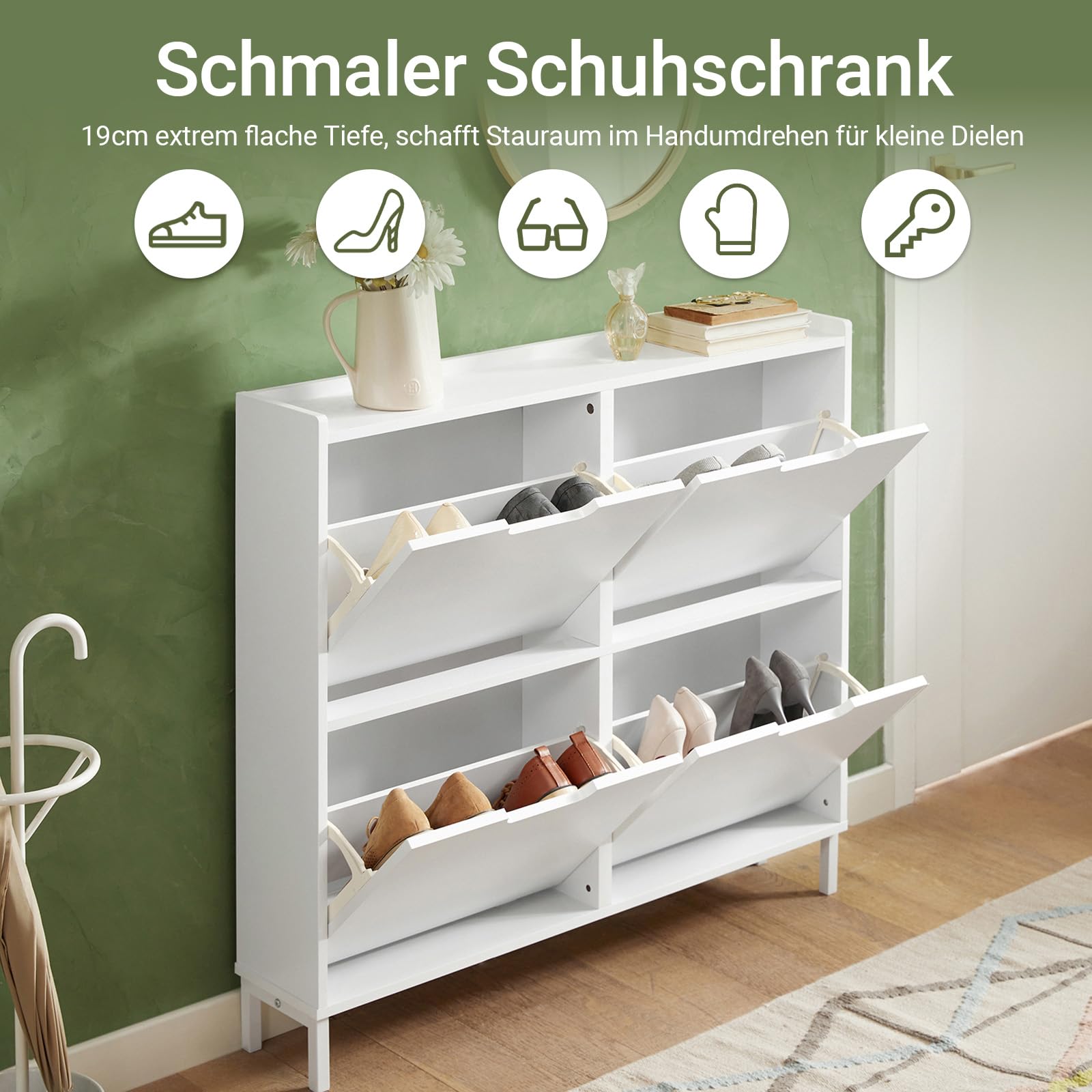 SoBuy Schuhschrank Schmal mit 4 Klappen – Platzsparender Schuhkipper für Kleine Wohnungen, Enge Flure & Durchgänge, Flurschrank für Familien mit Kindern & Designliebhaber, Weiß, 100x91x19 cm, FSR100-W
