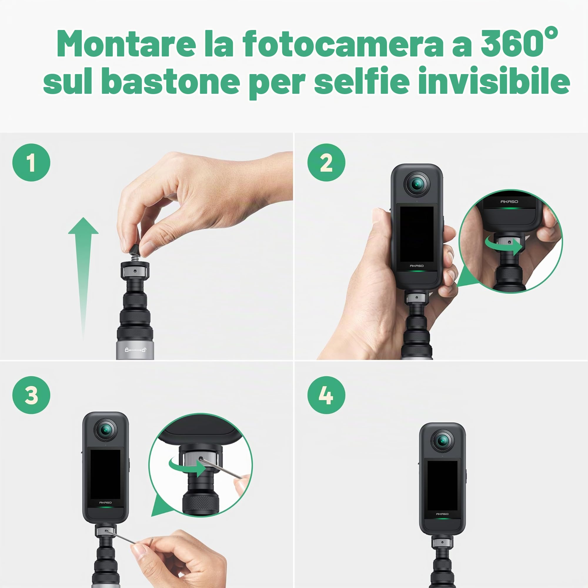 AKASO Bastone per selfie invisibile in fibra di carbonio, 3 m, per AKASO 360, Insta360 One X2, X3, X4, X5, DJI, Osmo 360 e altre action cam
