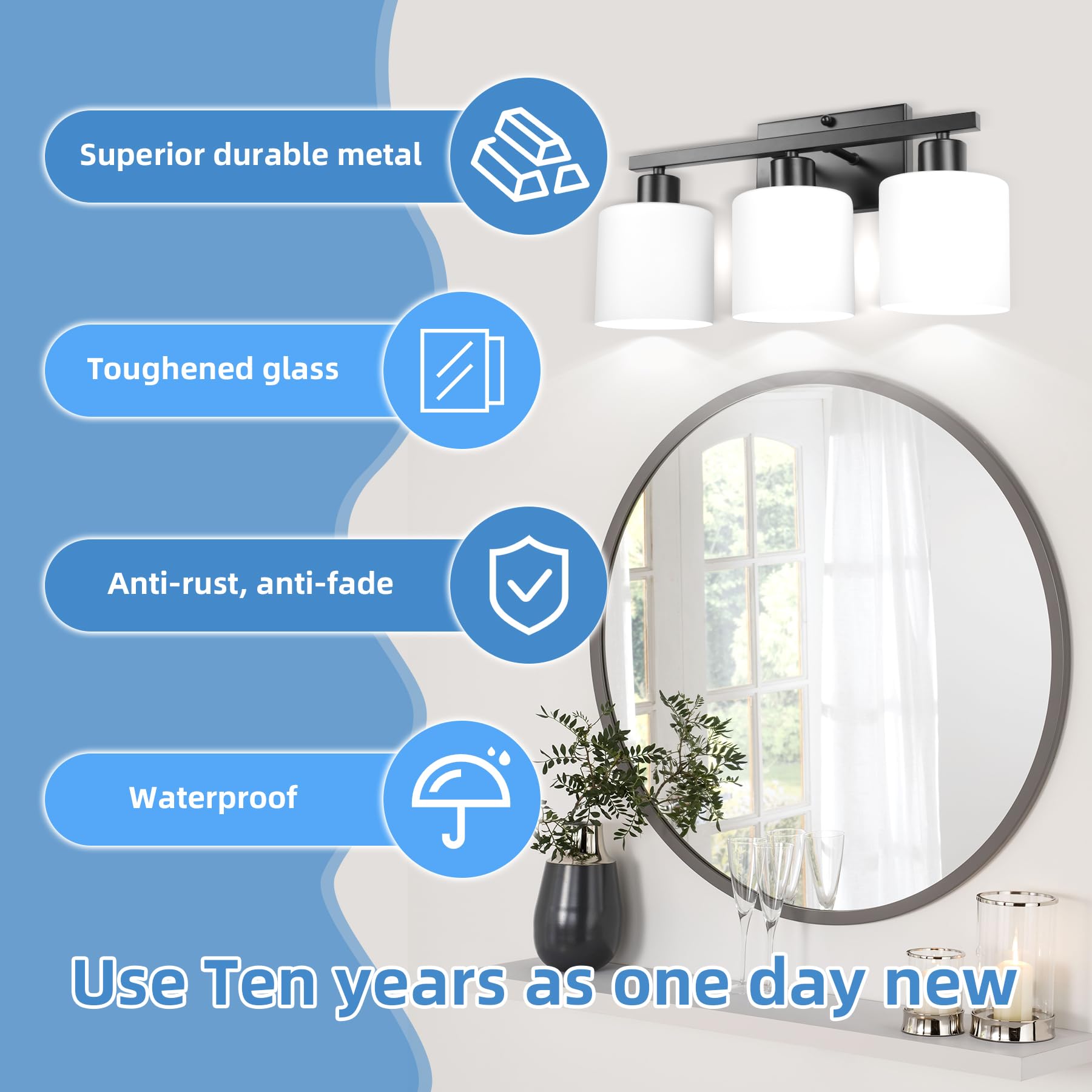 SILAMPDI Black Bathroom Light Fixture Over Mirror, Rustproof 3-Light Vanity Lights Fixtures, Modern Wall Sconces Lighting for Bedroom, Hallway, Milky White Glass Shades, E26 Base, Bulbs Not Included